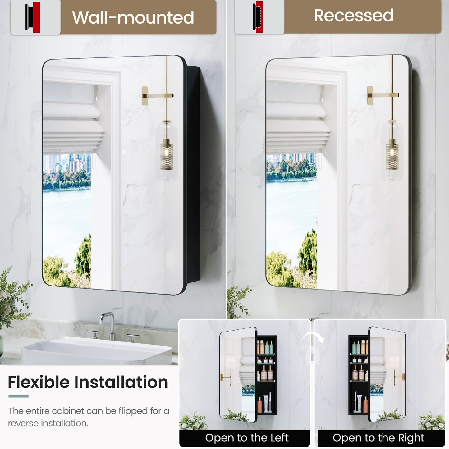 GoTiling 16x24 Medicine Cabinet with Mirror, Aluminum Bathroom Wall Organizer, Pre-Assembled, Center Partition for Tall Bottles, 6 Adjustable Shelves, Soft-Close, Recessed/Surface Mount, Matte Black
