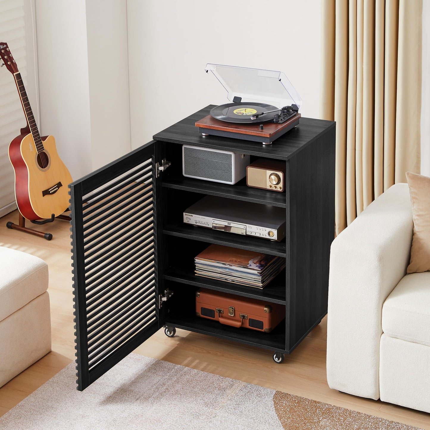 LEVNARY 5-Tier AV Media Cabinet with Grille Door, Modern Wooden Stereo Rack with Adjustable Shelves & Wheels, Audio Video Cabinet for Living Gaming Room Recording Studio (Black)