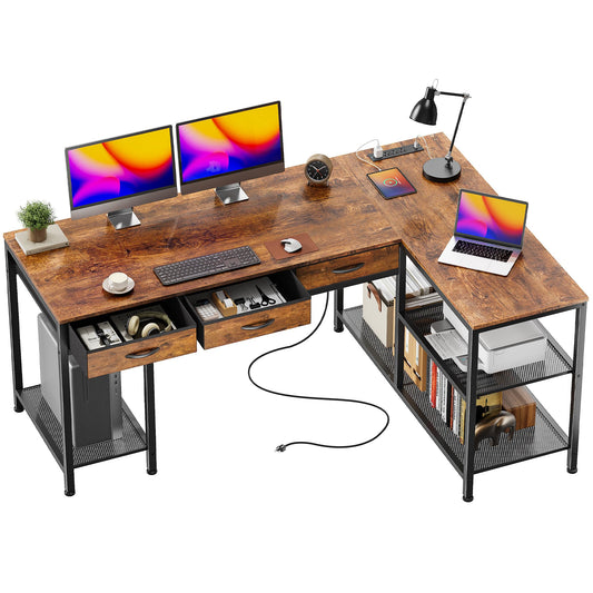 PRAISUN 55 Inch L Shaped Office Desk with Power Outlets and Type-C Port, Large Computer Gaming Desk with 3 Fabric Drawers, Mesh Shelves, Corner Study Work Writing Desk, Rustic Brown