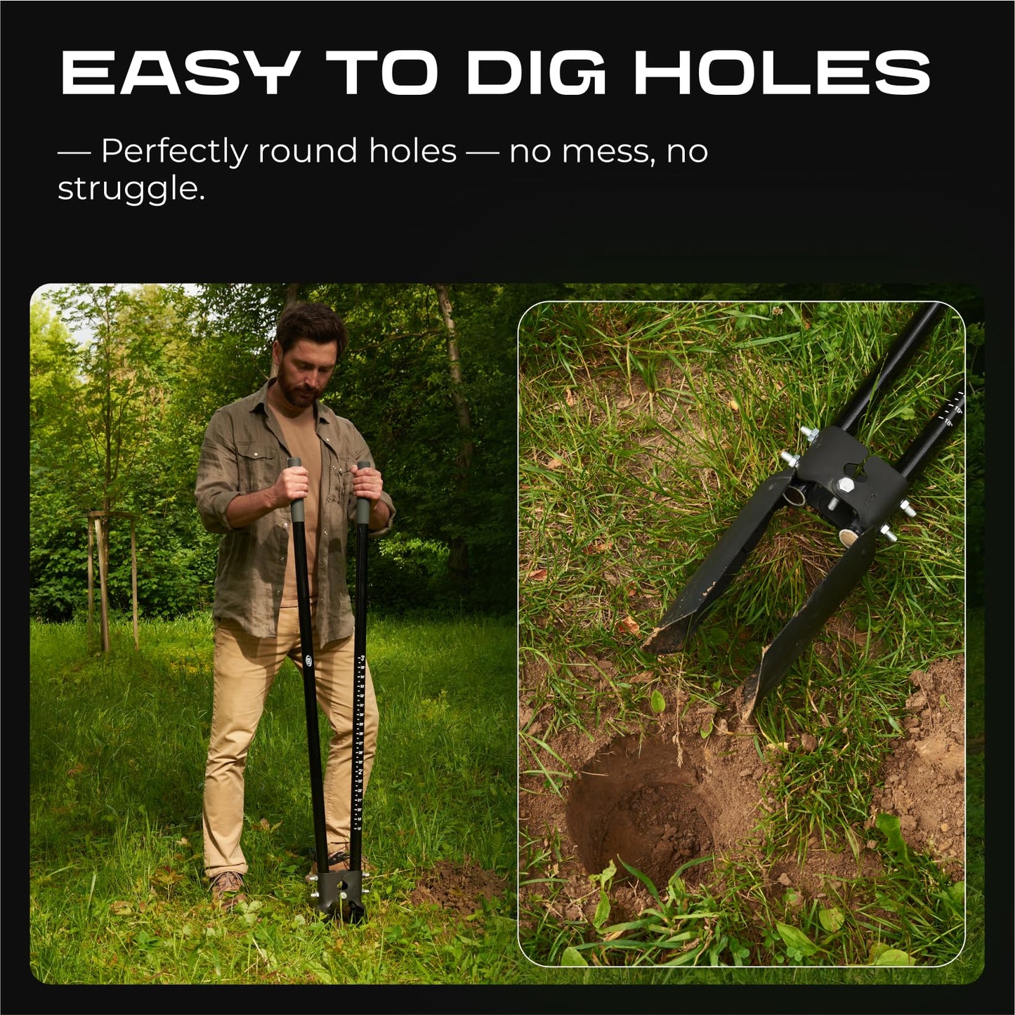 CKG Post Hole Digger Gardening Tool 57 inches,Heavy Duty with Fiberglass Handle, Plant Hole Digger for for Soil Plugging, Cultivating, Manual Fence Post Diggers, Black