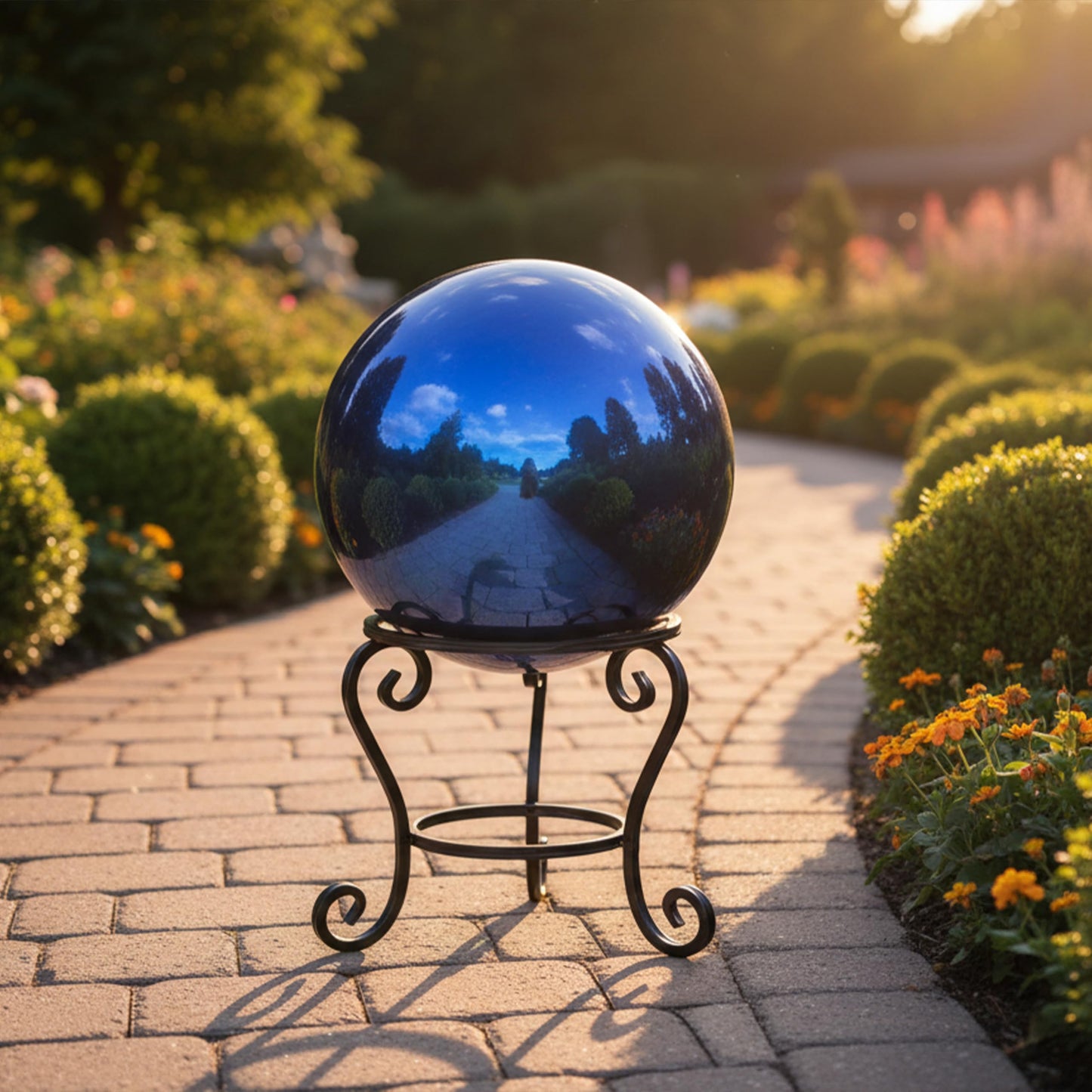 Sunnydaze 10-Inch Handblown Mirrored Glass Gazing Ball - Reflective Outdoor Garden Globe Sphere for Yard, Patio, Flower Bed, Walkway, and Landscape Decor - Blue Stainless Steel Finish
