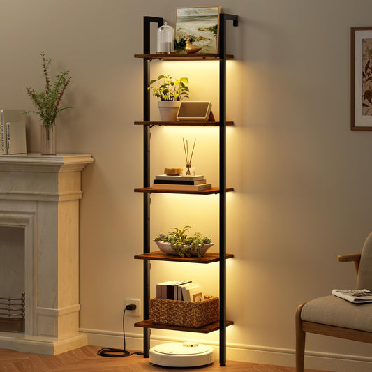 Tajsoon 5 Tier Ladder Bookshelf with Light, Wall Ladder Shelf Rustic Brown