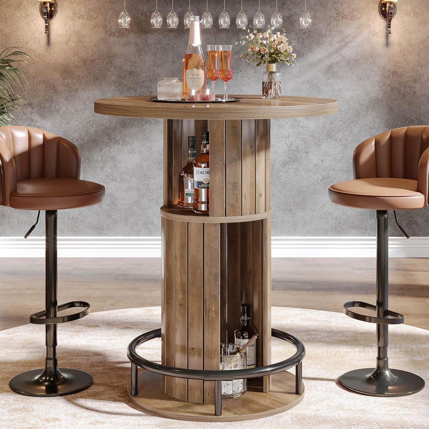 HSH Round Bar Table, 39.37" H Wood Pub Table with Storage & Metal Footrest, Modern Rustic Bar Height Bistro Cocktail Table for Coffee Bar, Kitchen Dining Room, Small Space, Rustic Oak (Table Only)