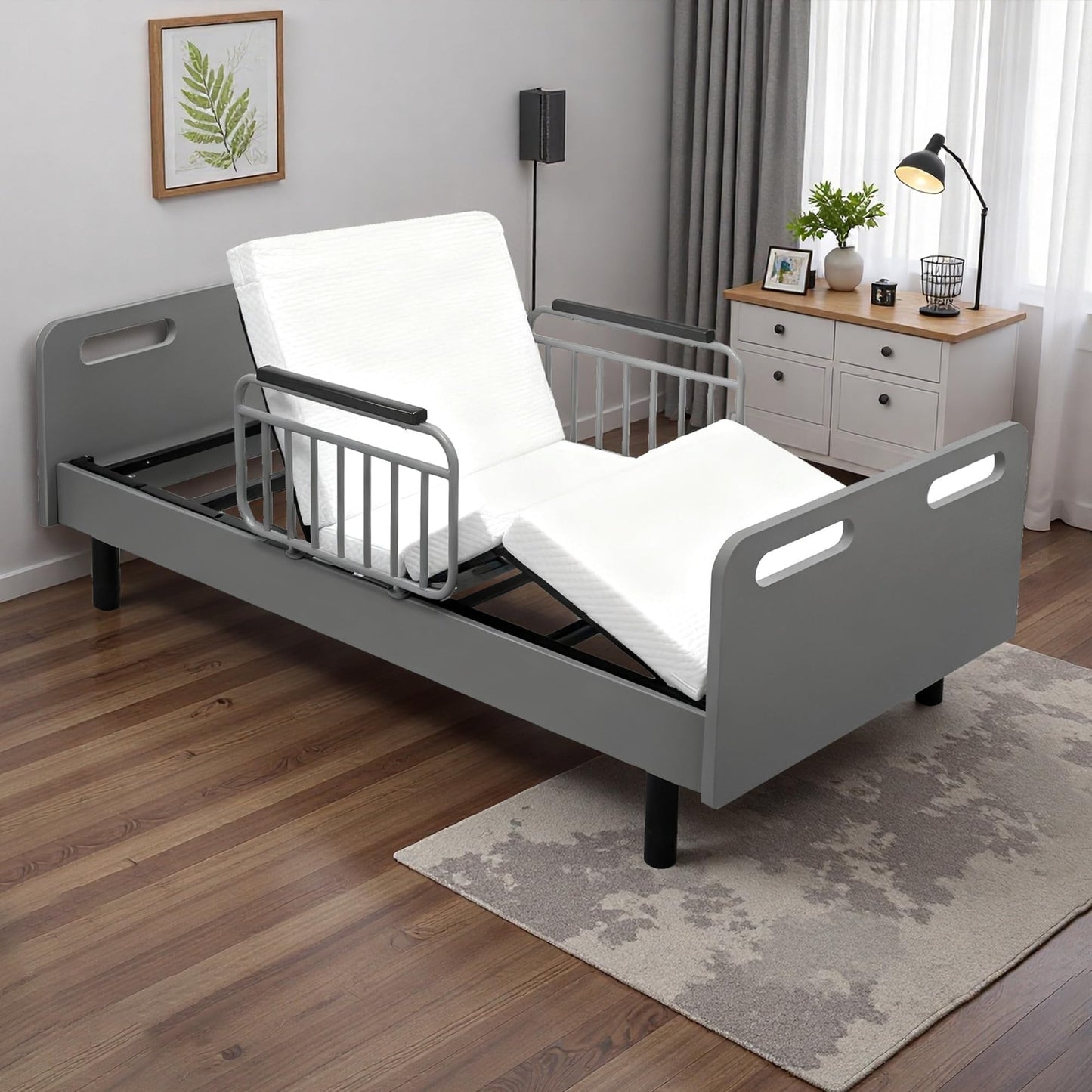 Skipity Sigmo Electric Adjustable Bed Base Frame Twin with Wired Remote Control for Head, Leg & Foot Incline, Hospital Bed for Home Use with Memory Foam Folding Mattress & Safety Side Rails