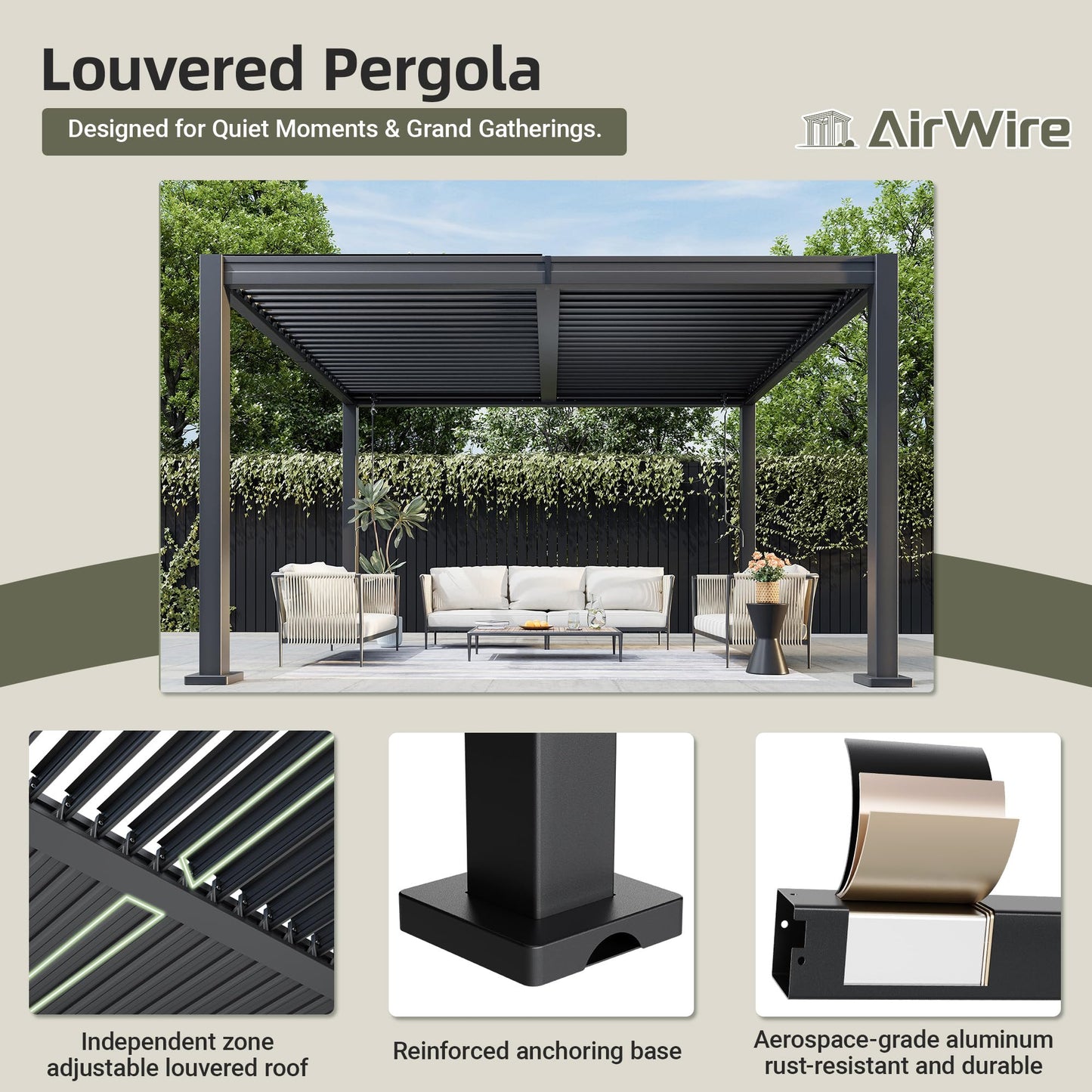 AirWire 10x12 FT Louvered Pergola, Outdoor Pergola with 2 Independent Adjustable Roof and Drainage System, Metal Patio Pavilion, Hardtop Gazebo for Patio, Deck, Garden, Dark Gray