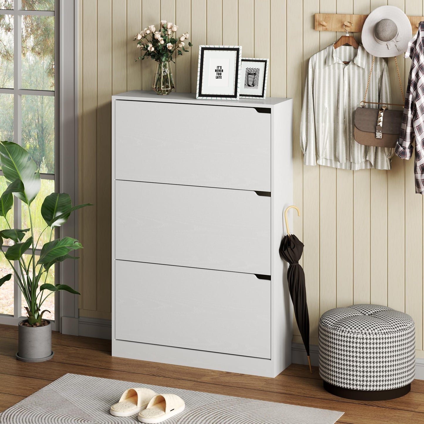 BORNOON Shoe Cabinet with 3 Flip Drawers, Hidden Wood Shoe Cabinet,Freestanding Shoe Storage Cabinet for Entryway Hallway.White. 47.2" H*31.5" W*9.45" D.
