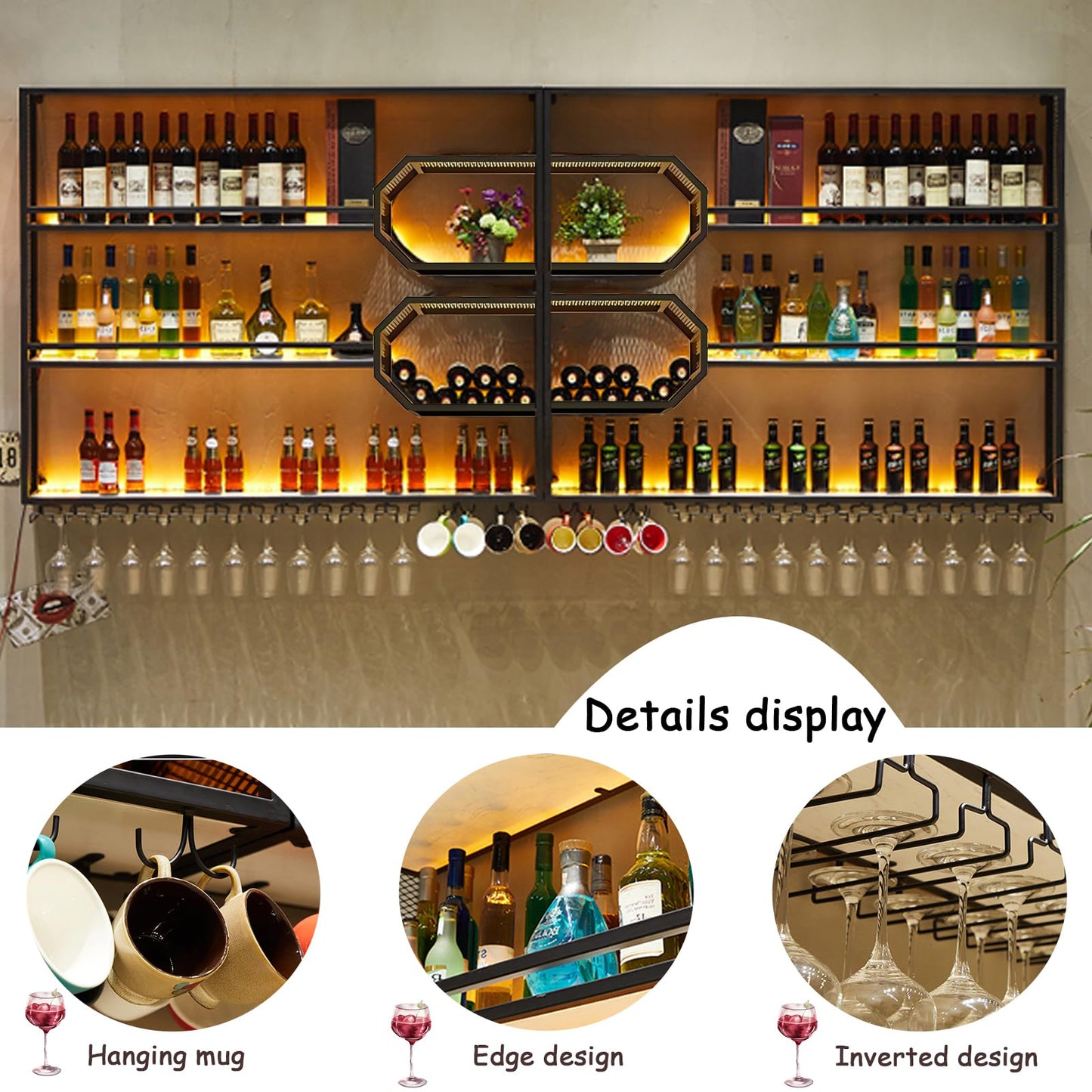 Dawselod 78.7in Large Wall Mounted Wine Rack with LED Light,4-Tiers Liquor Bottles Floating Shelves Display Storage Organizer for Home Bar & Dining Room Decorative (78.7" W x 9.8" D x49.2 H)