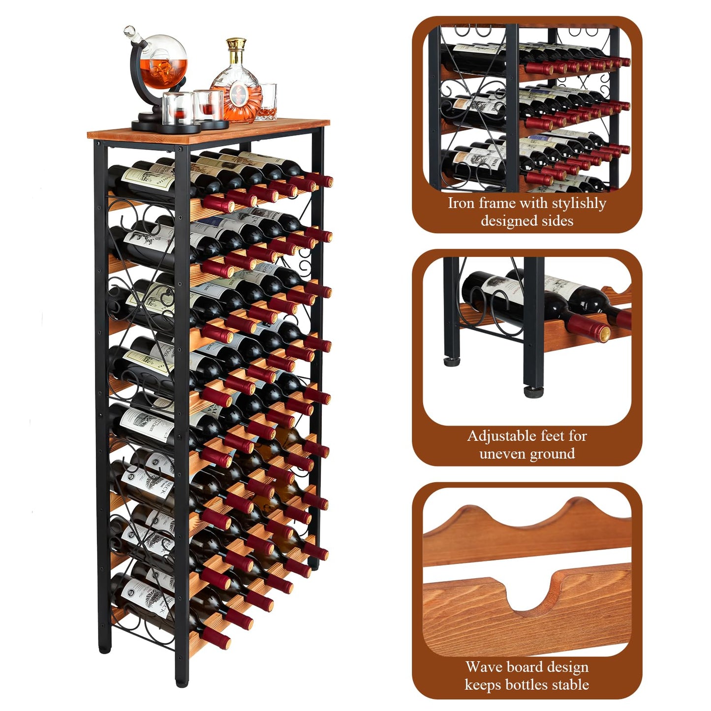 Sonyabecca 48 Bottle Wine Rack Freestanding Floor with Wood Top,8-Tier Wine Storage Shelf with Serving Station, Wine Holder for Kitchen, Bar, Dining Room, Home Bar Cabinet for Wine Bottles, No Wobble