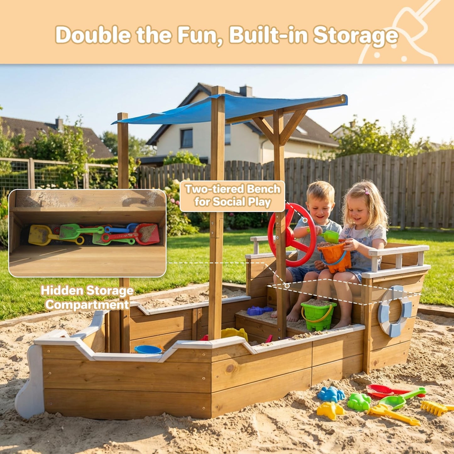 Wooden Kids Sandbox, Ship-Shape Sand Box Toy Box with Bench Seat & Hidden Storage Space, Outdoor Playset, Sand Box Sensory Table for Kids Ages 3-8