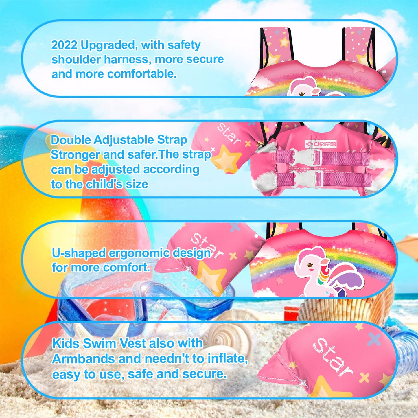 Chriffer Kids Swim Vest Life Jacket for 30-55 Pounds Boys and Girls, Toddler Floaties with Shoulder Harness Arm Wings for 2,3,4,5,6,7 Years Old Baby