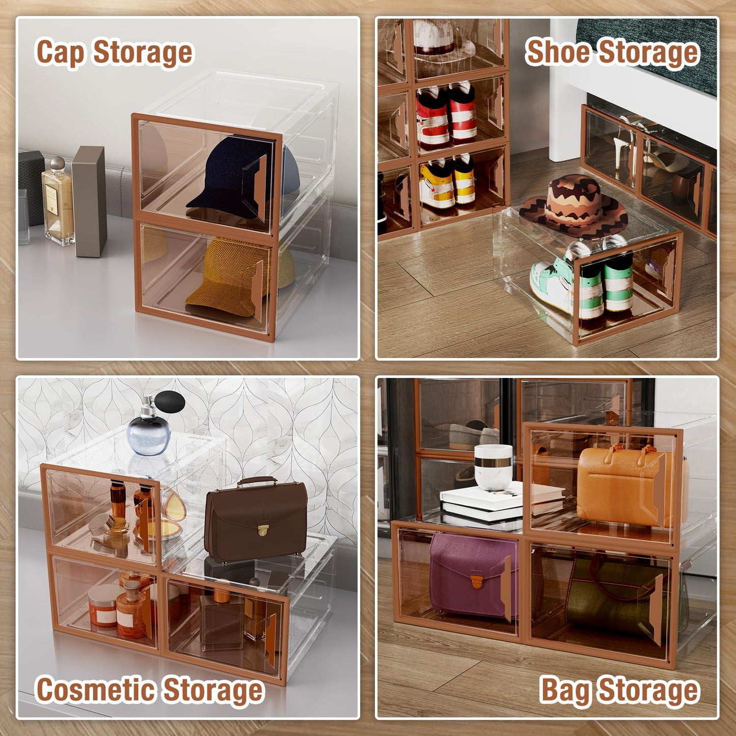 6 Pack Shoe Box Organizer, Clear Thicken Stackable Plastic Shoe Boxes with Magnetic Door, Sturdy Shoe Storage Containers for Sneakers Boots, Easy to Assemble, Fit up to US Size 12(13.2"×10.6"×7.5")