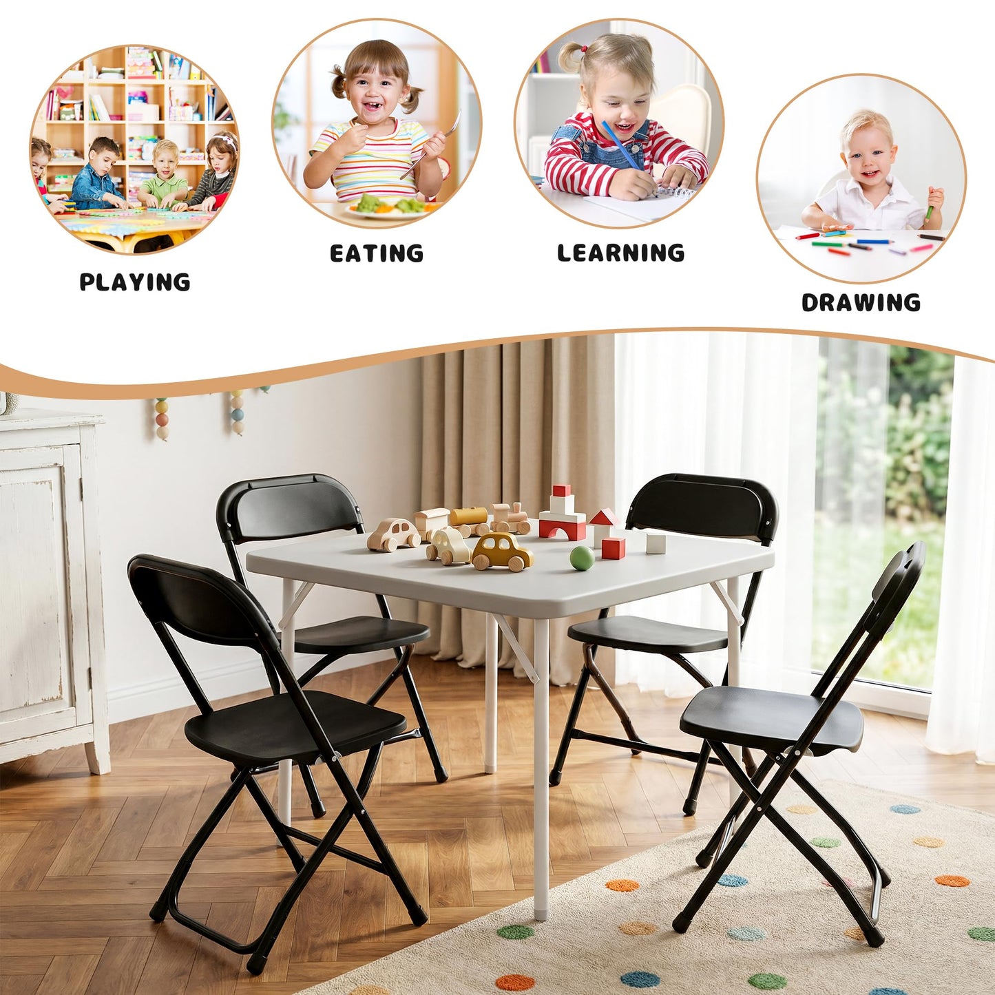 LING RONG 4 Pack Kids Black Plastic Folding Chair with Metal Frame for Toddler&Children, Lightweight and Stackable Foldable Seats for Indoor, Outdoor, Classrooms, Desks, Parties, Events