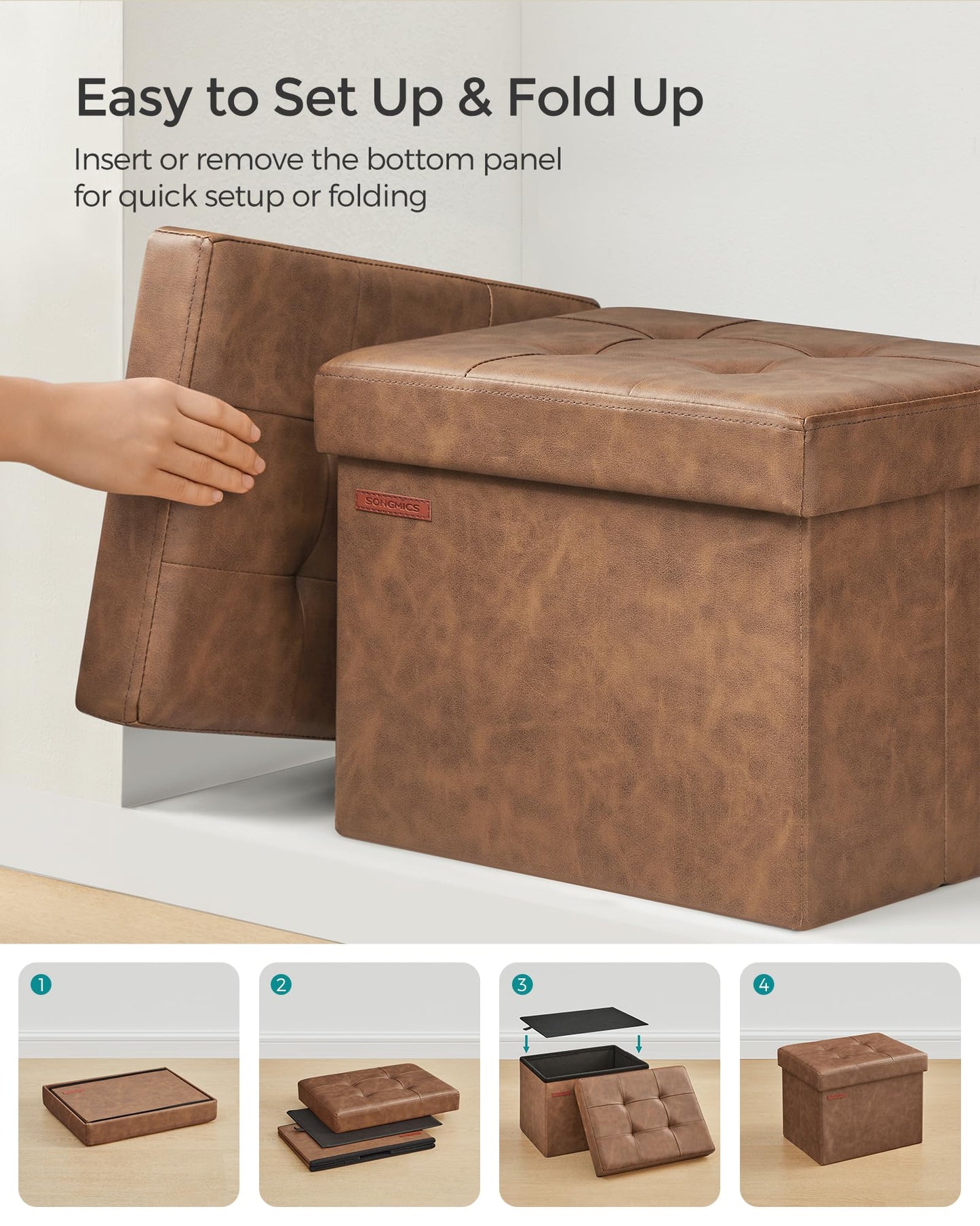 SONGMICS Small Folding Storage Ottoman, Foot Rest Stool, Cube Footrest, Synthetic Leather, 12.2 x 16.1 x 12.2 Inches, 286 lb Capacity, for Living Room, Bedroom, Dorm, Coffee Brown ULSF100K01