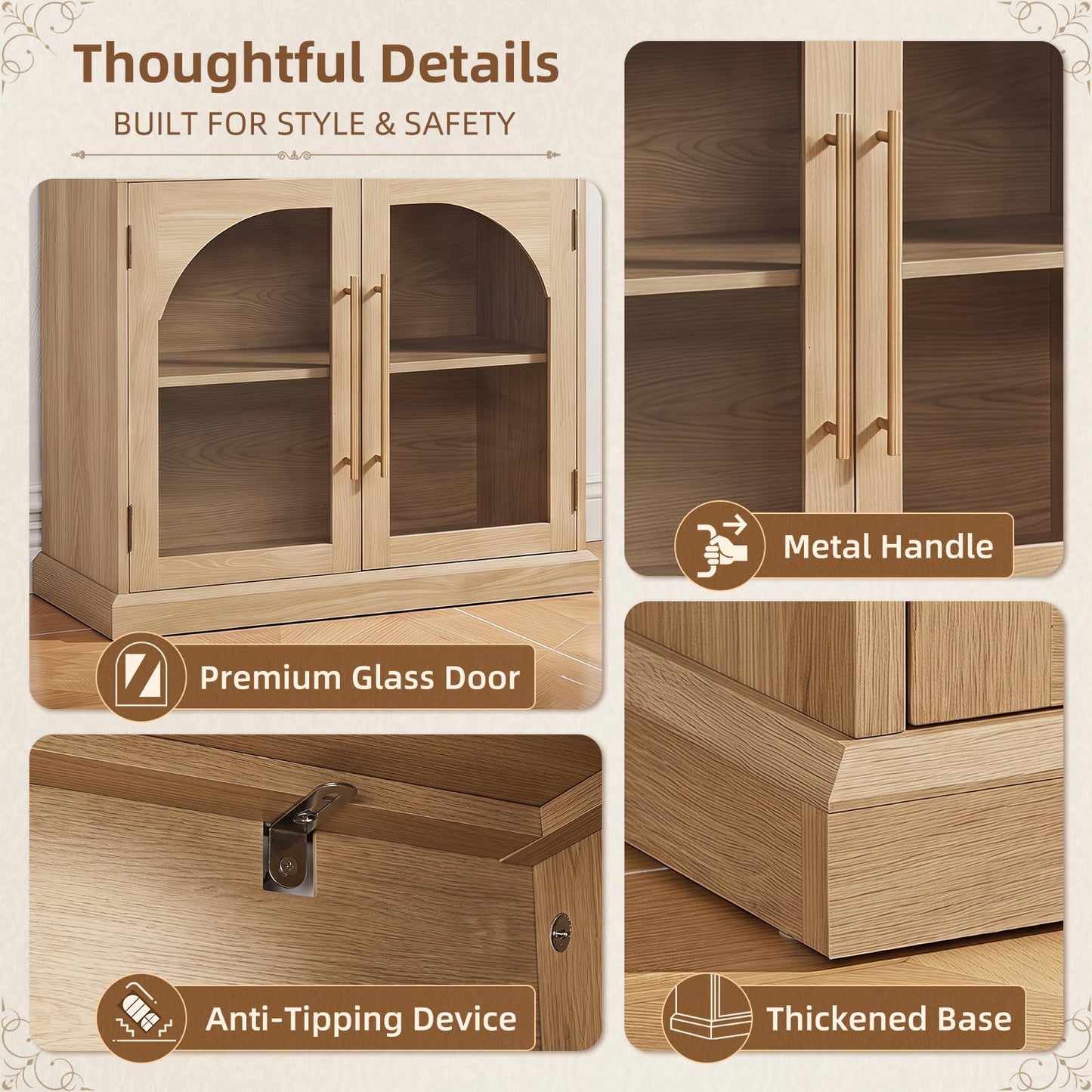 LELELINKY Arched Bookshelf with Tempered Glass Doors, 67" Tall Bookcase