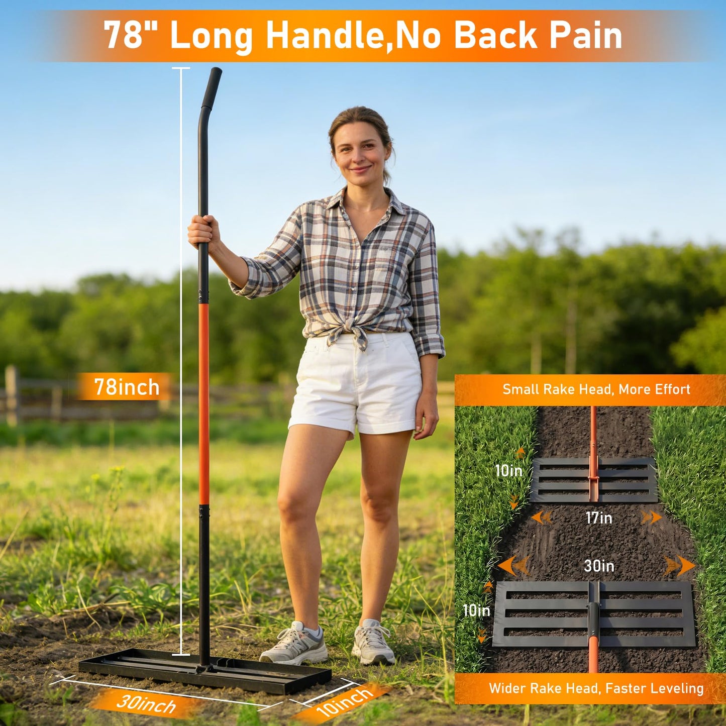 Lawn Leveling Rake, 30"x10" Leveling Rake with 78 Inch Adjustable Handle, Stainless Steel, for Backyard, Garden, Golf Course, Farm ＆ Pasture, Professional Lawn Care Tool - Orange