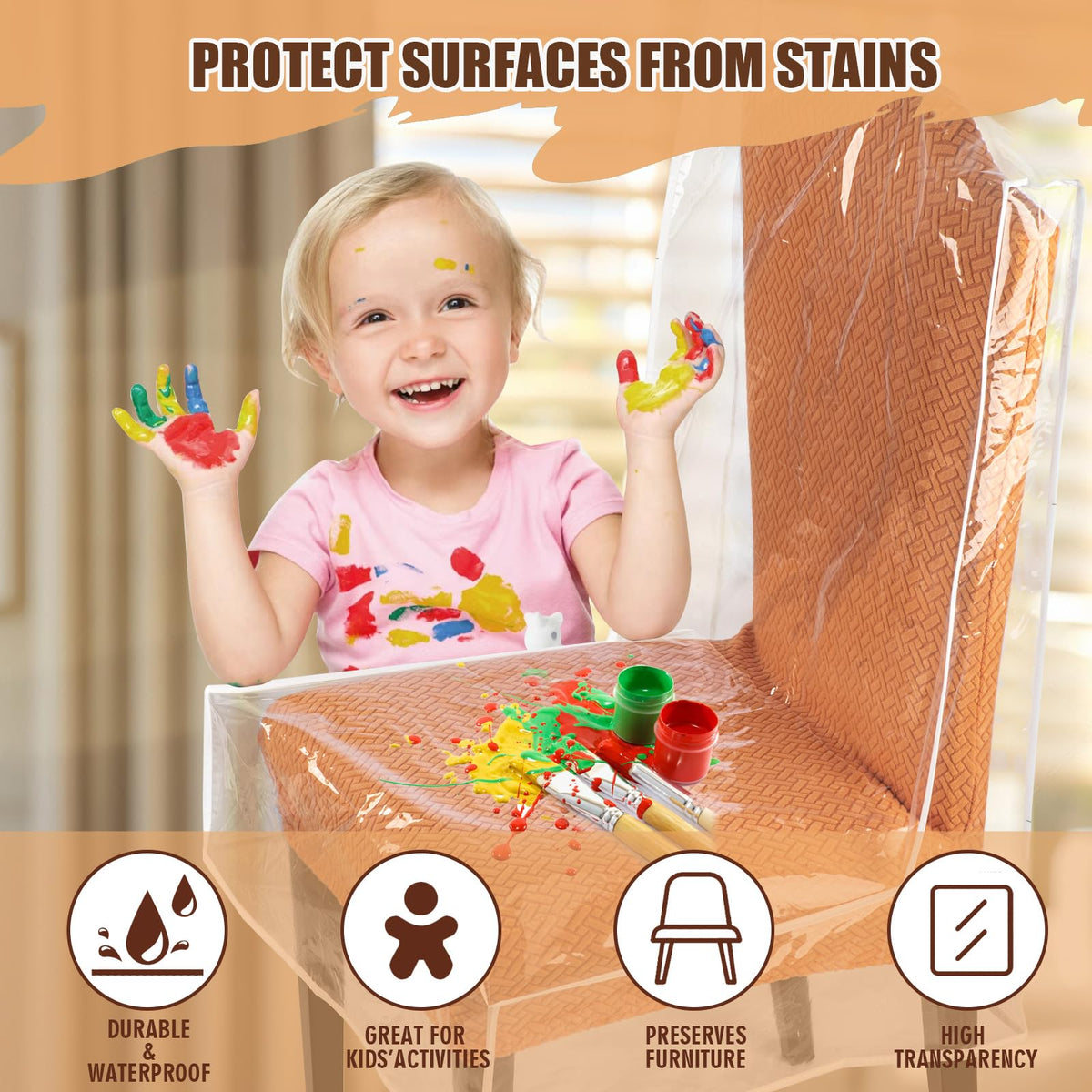 KIPHCA Dining Chair Covers, Waterproof Chair Covers - 4 Pack Clear Plastic Seat Chair Protector for Kitchen Keep Your Chair Away from Water Dust Stain and Pet Claws W/21 x D/18 Fits 16-23" (4)