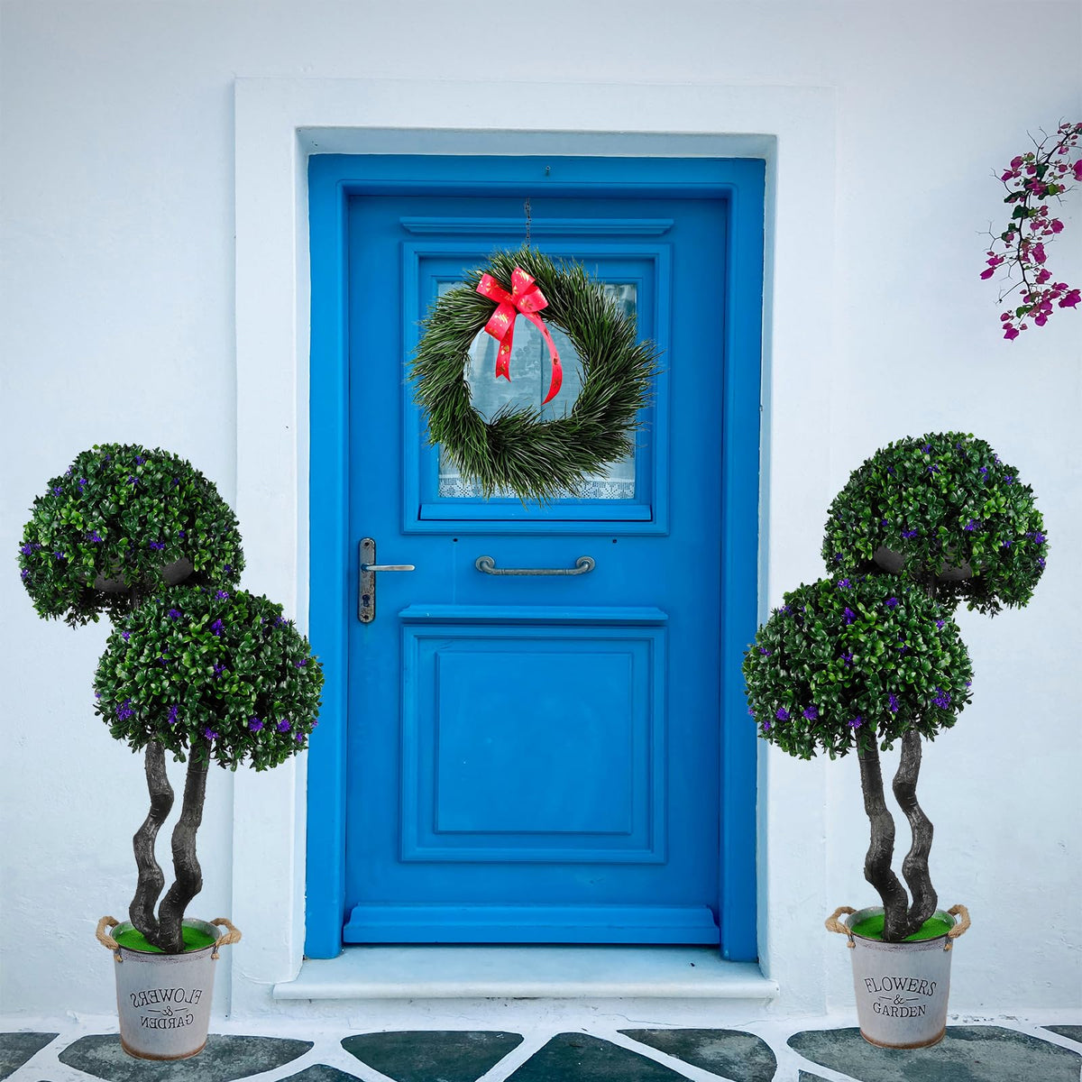 3 Ft Artificial Double Ball Boxwood Lavender Topiary Tree; UV-Resistant Artificial Shrub Suitable for Indoor and Outdoor use on porches and in Gardens as an Imitation Evergreen Shrub