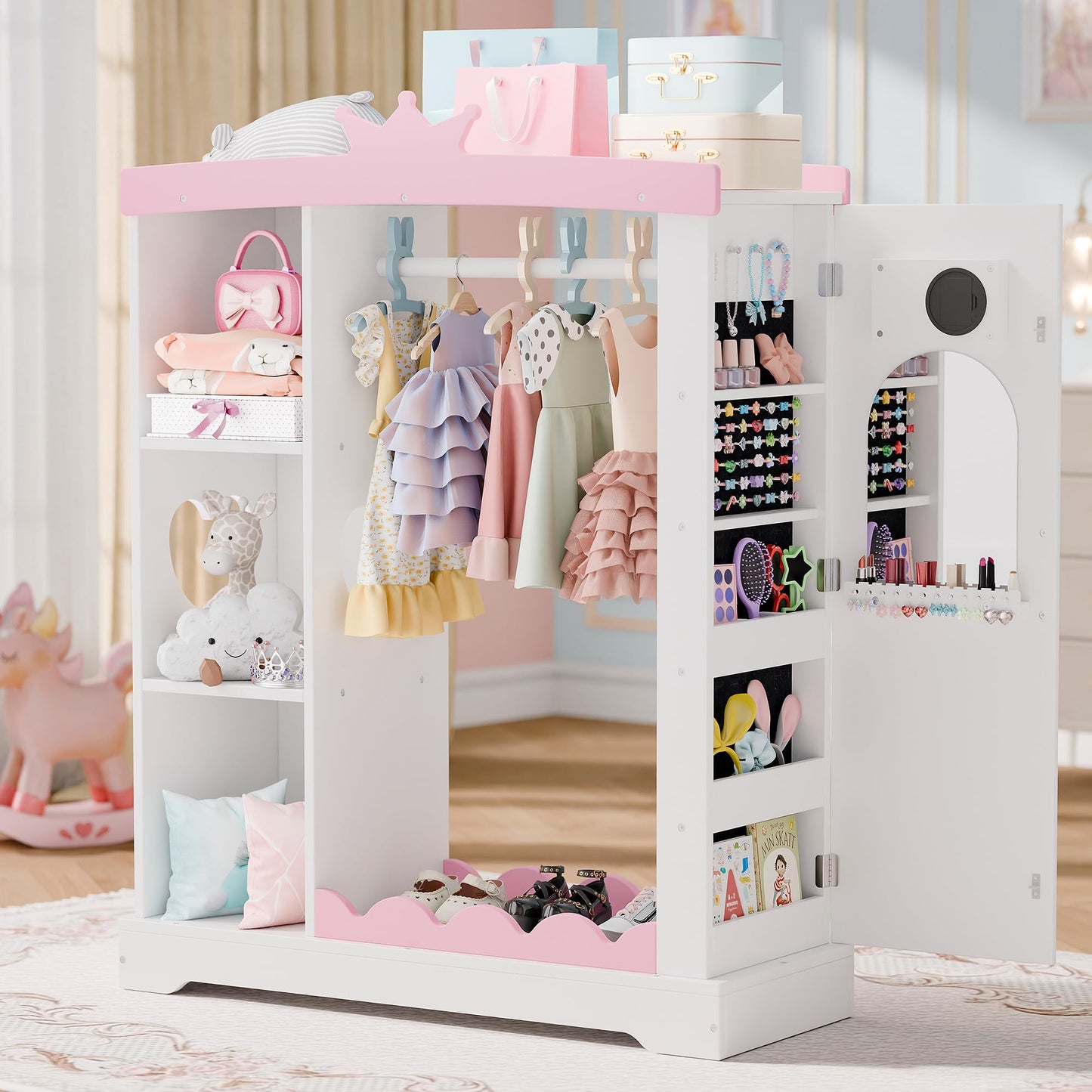 Betterhood Kids Closet with Jewelry Cabinet, Dress up Storage with Shelves&Mirror, Costumes Wardrobe Closet with Hanging Rack for Toddlers,Organizer for Bedroom, (Kids' Armoires, White)