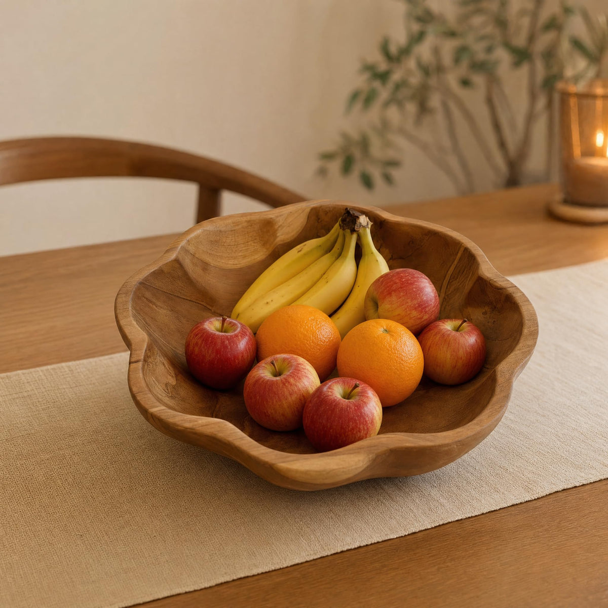 Decorative Wooden Bowl, Large Fruit Bowl for Kitchen Counter, Teak Wood