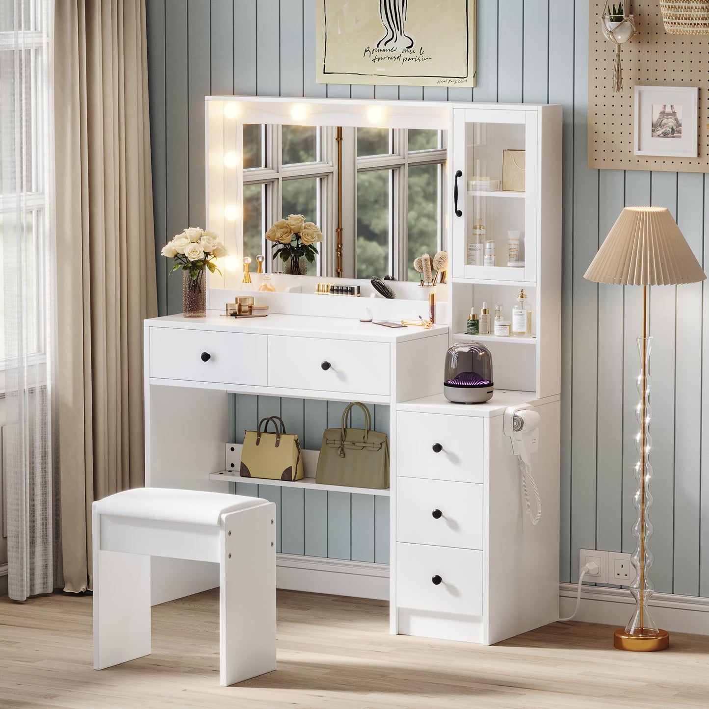 UGTOO White Vanity Table with Drawer Dresser, Farmhouse Vanity Makeup Desk with Charging Station, Vanity Desk with Lights Mirror & Drawers for Makeup, Vanity Desk with Storage Shelf & 5 Drawers
