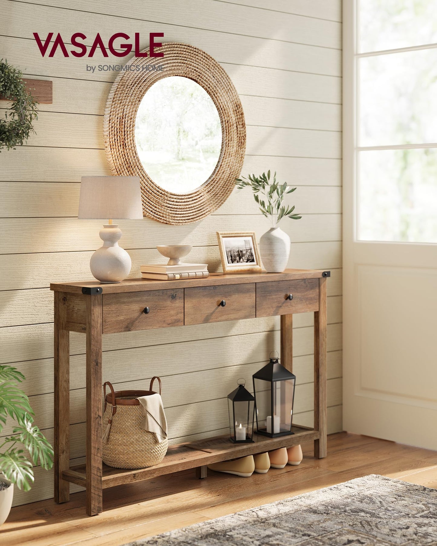 VASAGLE LIRY Collection - Console Sofa Table, Narrow Entryway Table with 3 Drawers, Open Storage Shelf, Metal Corners, for Living Room, Farmhouse Style, Honey Brown ULNT142KB02S