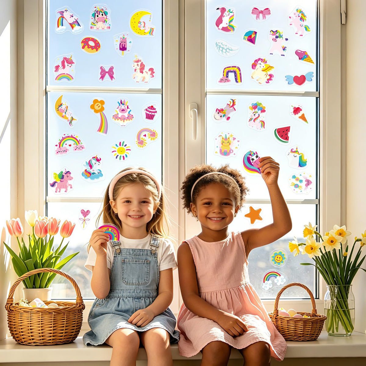 40PCS Unicorn Jelly Window Stickers for Kids, Rainbow Pony Gel Clings for Toddlers Glass Windows, Thick Reusable Clings for Girls Room Decor, Quiet Travel Toys Birthday Gift
