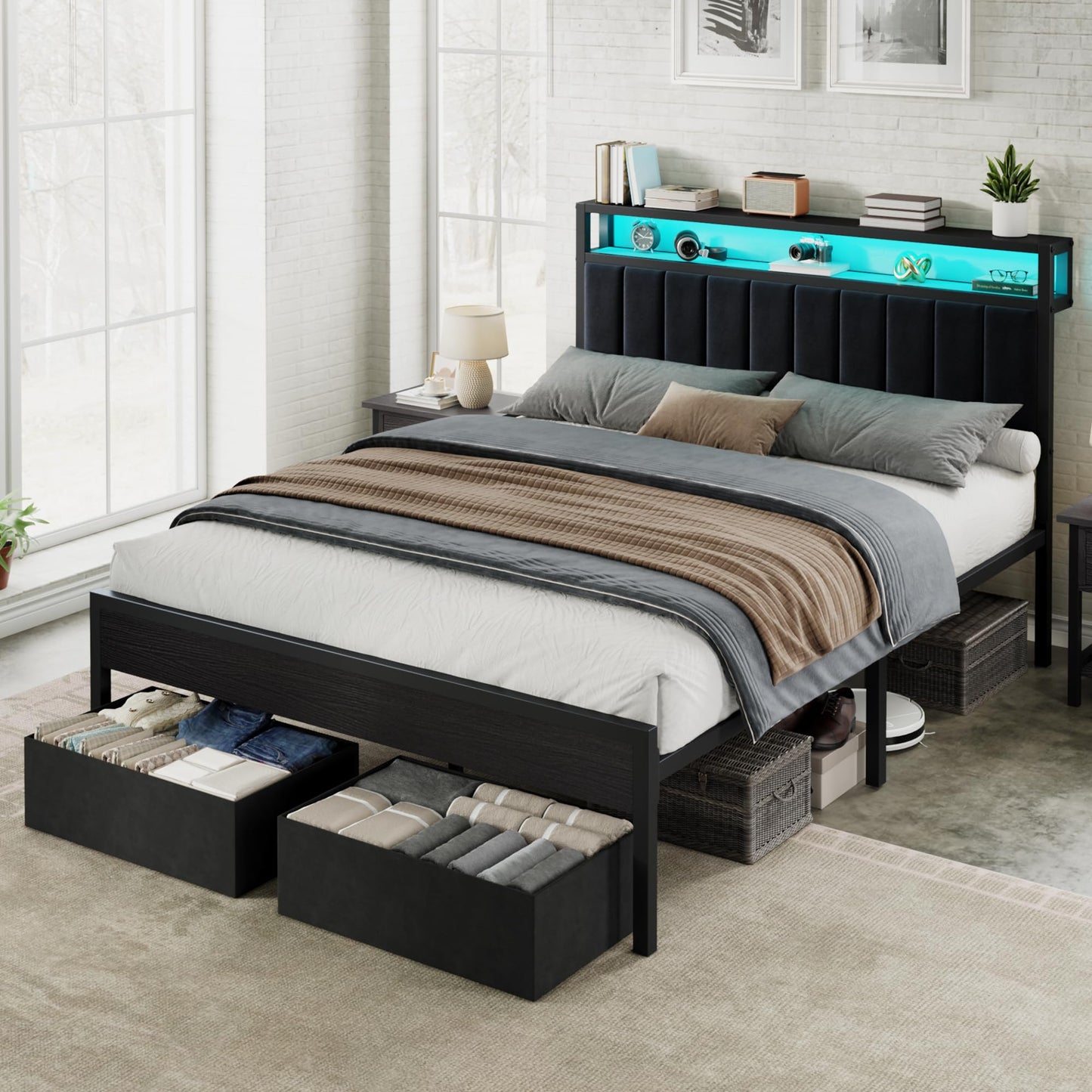 AMERLIFE Queen Bed Frame with LED Lights & 2-Tier Storage Headboard