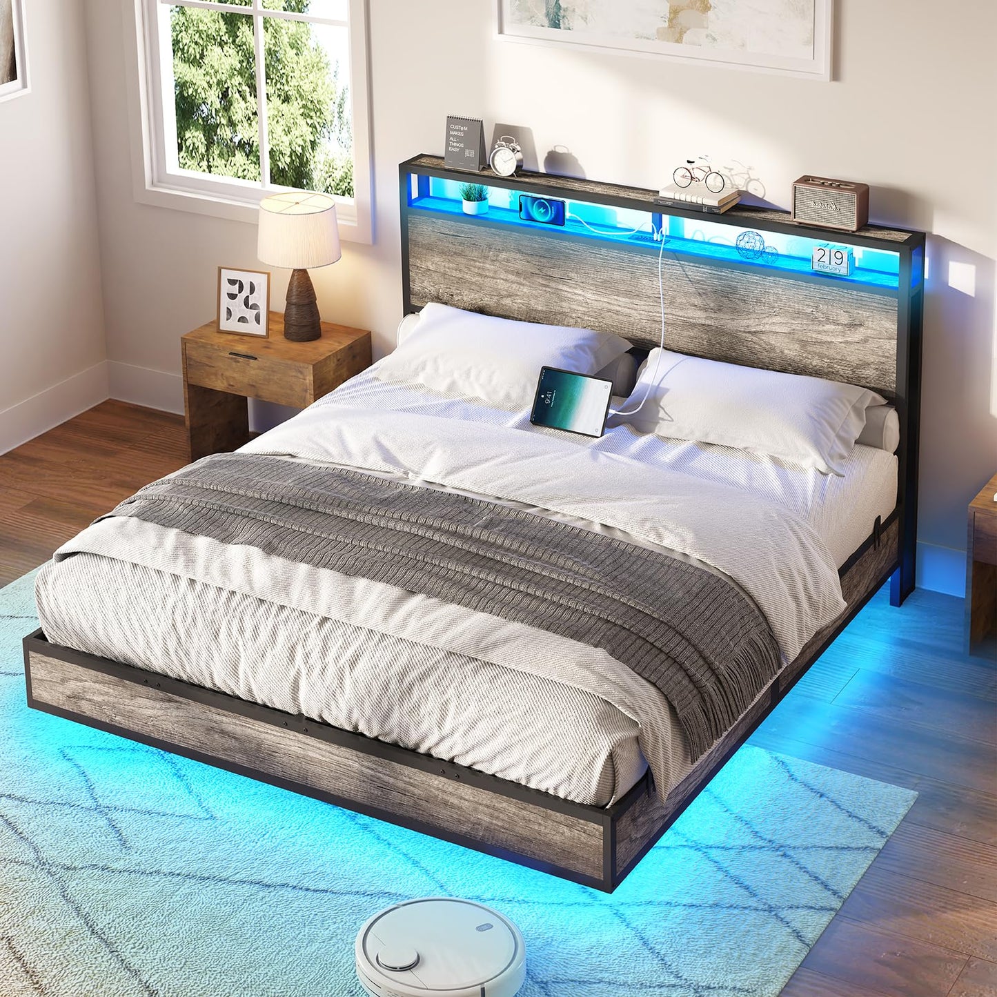 AMERLIFE Full Size Floating Bed Frame with 2-Tier Storage Headboard, Metal Bed Frame with Charging Station & LED Lights, No Box Spring Needed, Rustic Grey