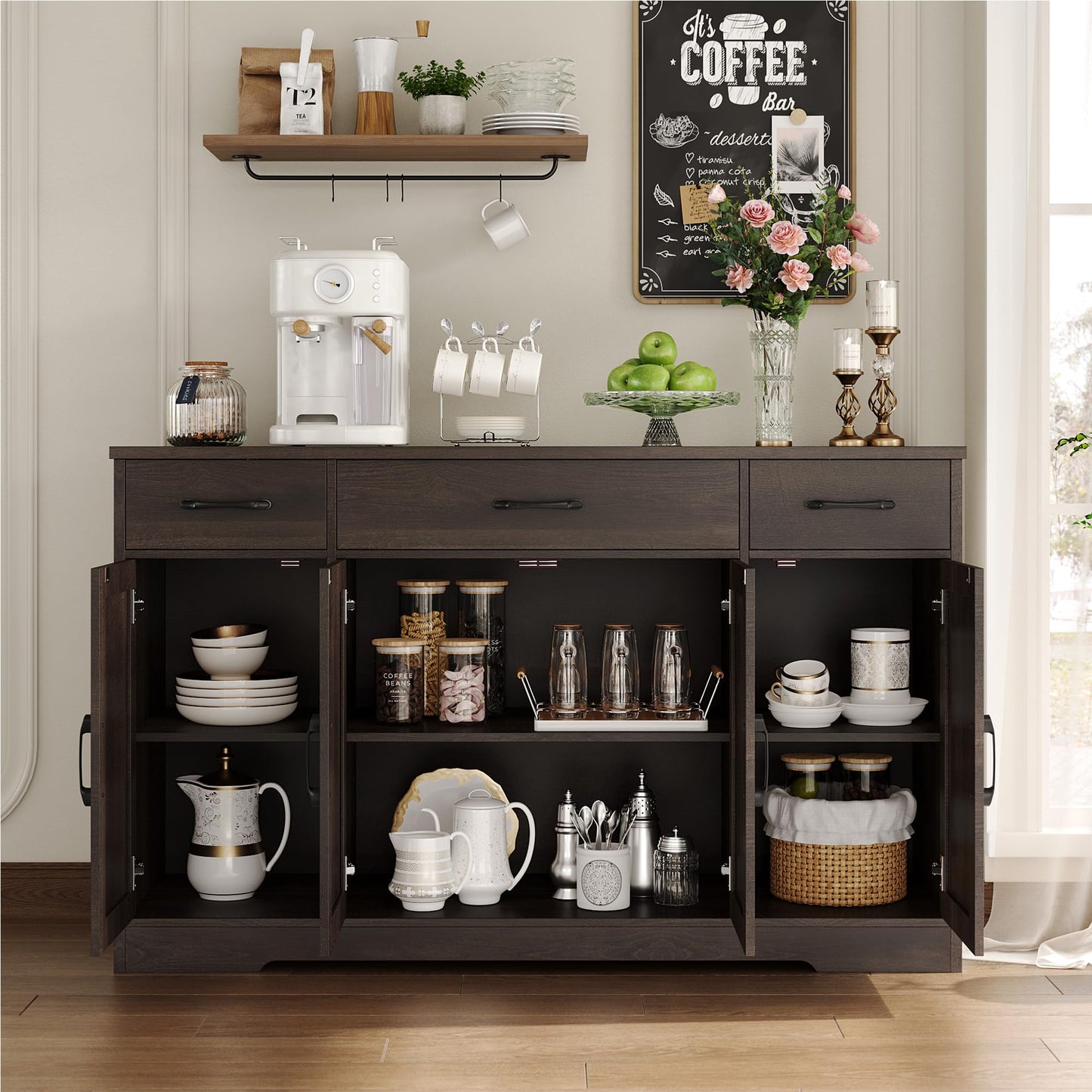 HOSTACK Buffet Cabinet with Drawers, 55" Large Sideboard Buffet Storage Cabinet with Shelves and Doors, Modern Farmhouse Coffee Bar Station Wood Kitchen Table for Kitchen, Dining Room, Dark Brown