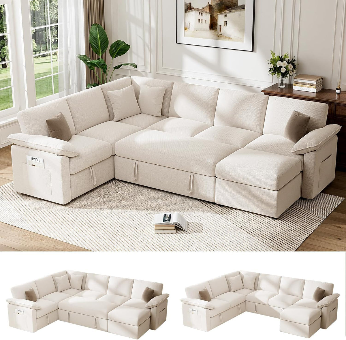 L  Sleeper Sofa 109" Modular Sectional Sofa with Pull Out Bed, Beige