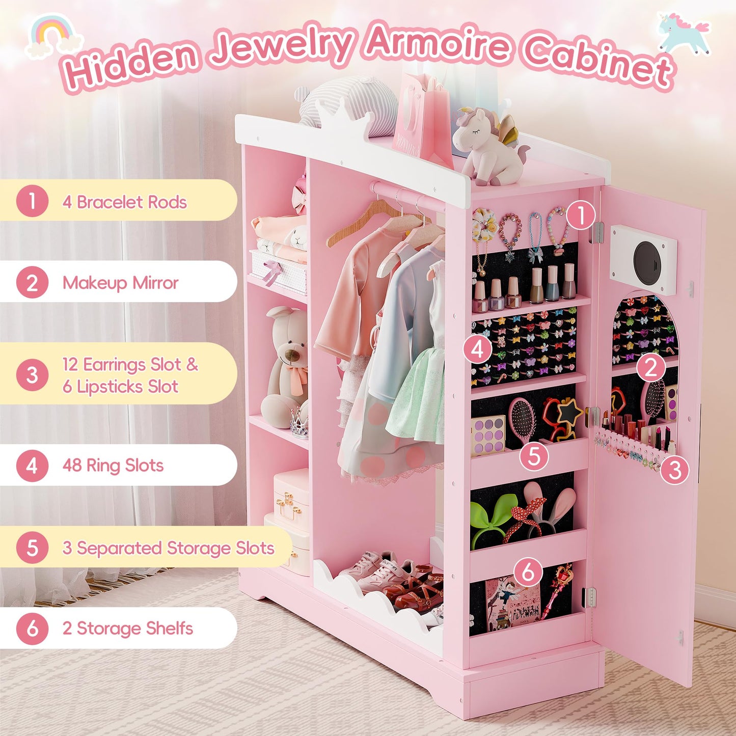 Xilingol Kids Armoire with Jewelry Cabinet, Dress up Storage with Mirror and Shelves, Princess Dress Closet and Costumes Wardrobe Closet, Costume Organizer for Bedroom, Kids Room, Girls (Pink)