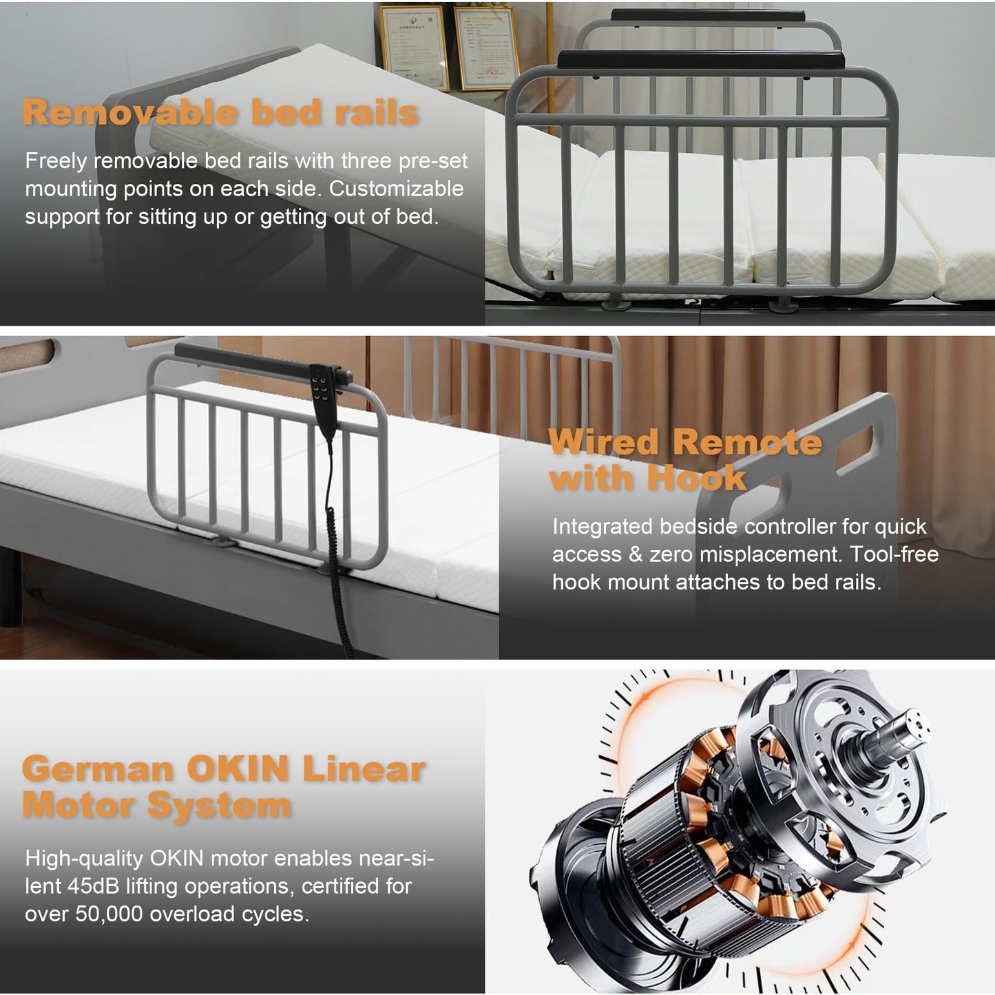 Skipity Sigmo Electric Adjustable Bed Base Frame Twin with Wired Remote Control for Head, Leg & Foot Incline, Hospital Bed for Home Use with Memory Foam Folding Mattress & Safety Side Rails