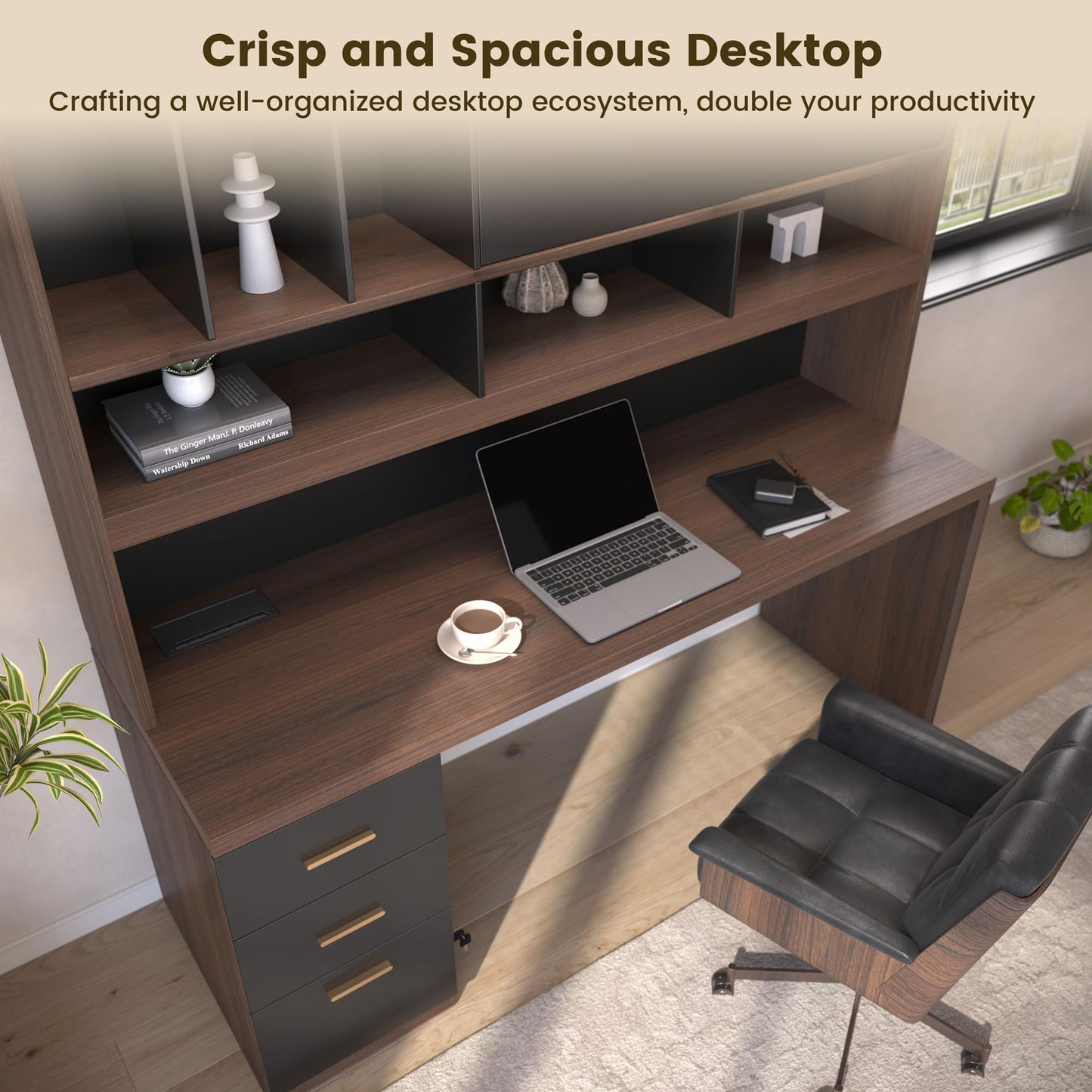 ModernMate Computer Desk with Hutch and Drawers, 72.8'' Executive Office Desk with Storage, 1.18" Desktop, Privacy Panel, All-in-One Study Writing Desk with Power Outlet for Home Study, Black Walnut