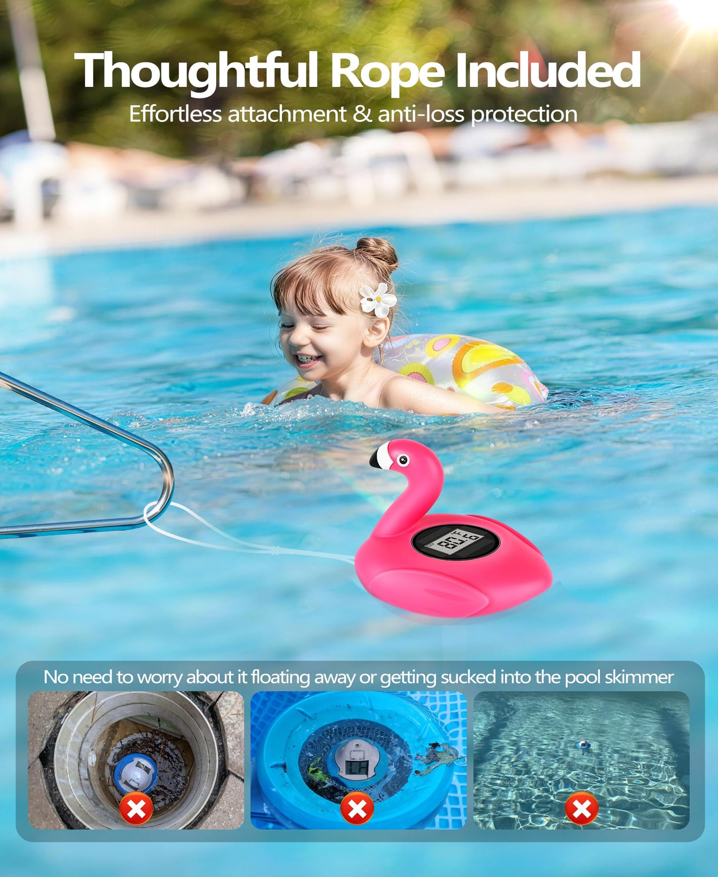 PoolLeader 2026 Flamingo Pool Thermometer Solar-Powered | Auto Backlight for Easy Night Read | Pool Temperature Thermometer with Rope | Floating Pools Temperature Gauge for Hot tub- All Round Year Use