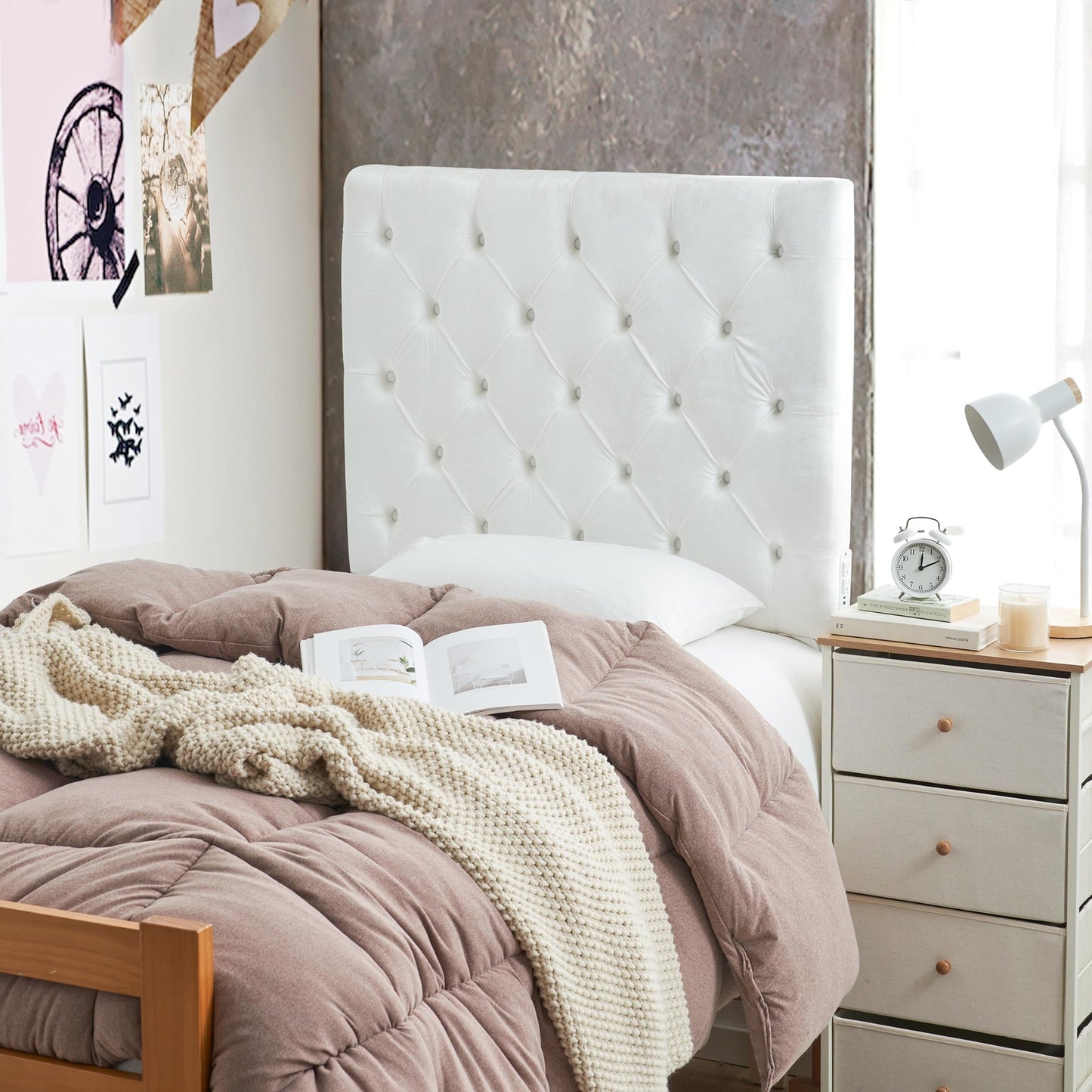 Tufted Velvet Plush College Dorm Right Side Outlet Headboard with Legs - White