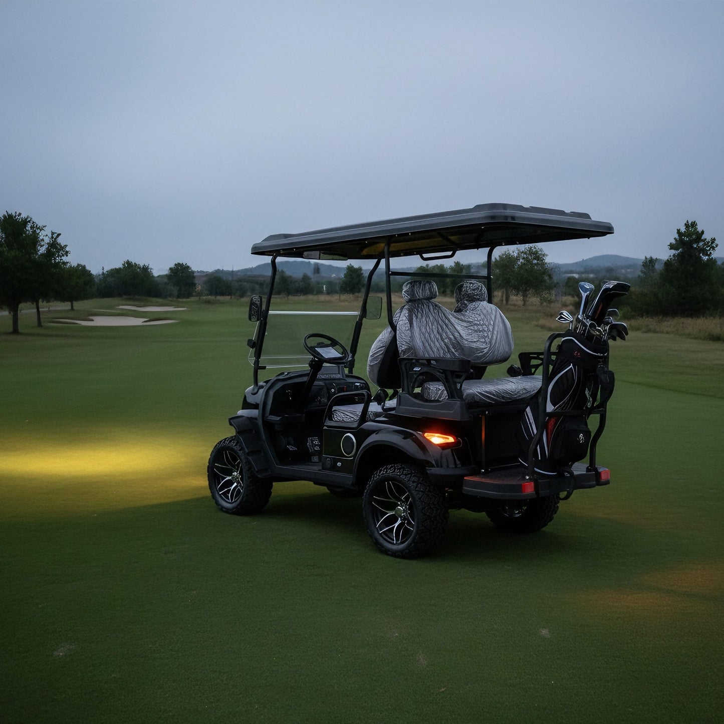 Black 4-Seater Electric Golf Cart with 5KW Motor 20 MPH Top Speed 44 Mile Long Range 60V, Advanced Suspension, Rear & Front Storage, IPS Display, Quick Charging for Recreational, Park, Hotel Shuttle