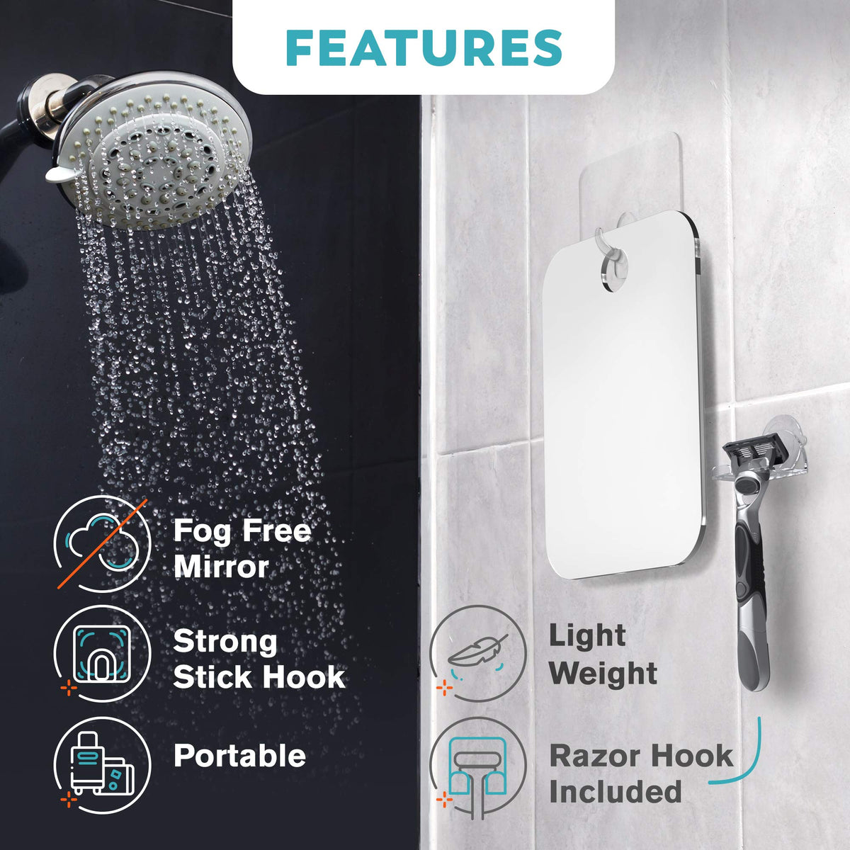 HONEYBULL Fogless Shower Mirror for Shaving, No Drill Mount, Compact 6x8in