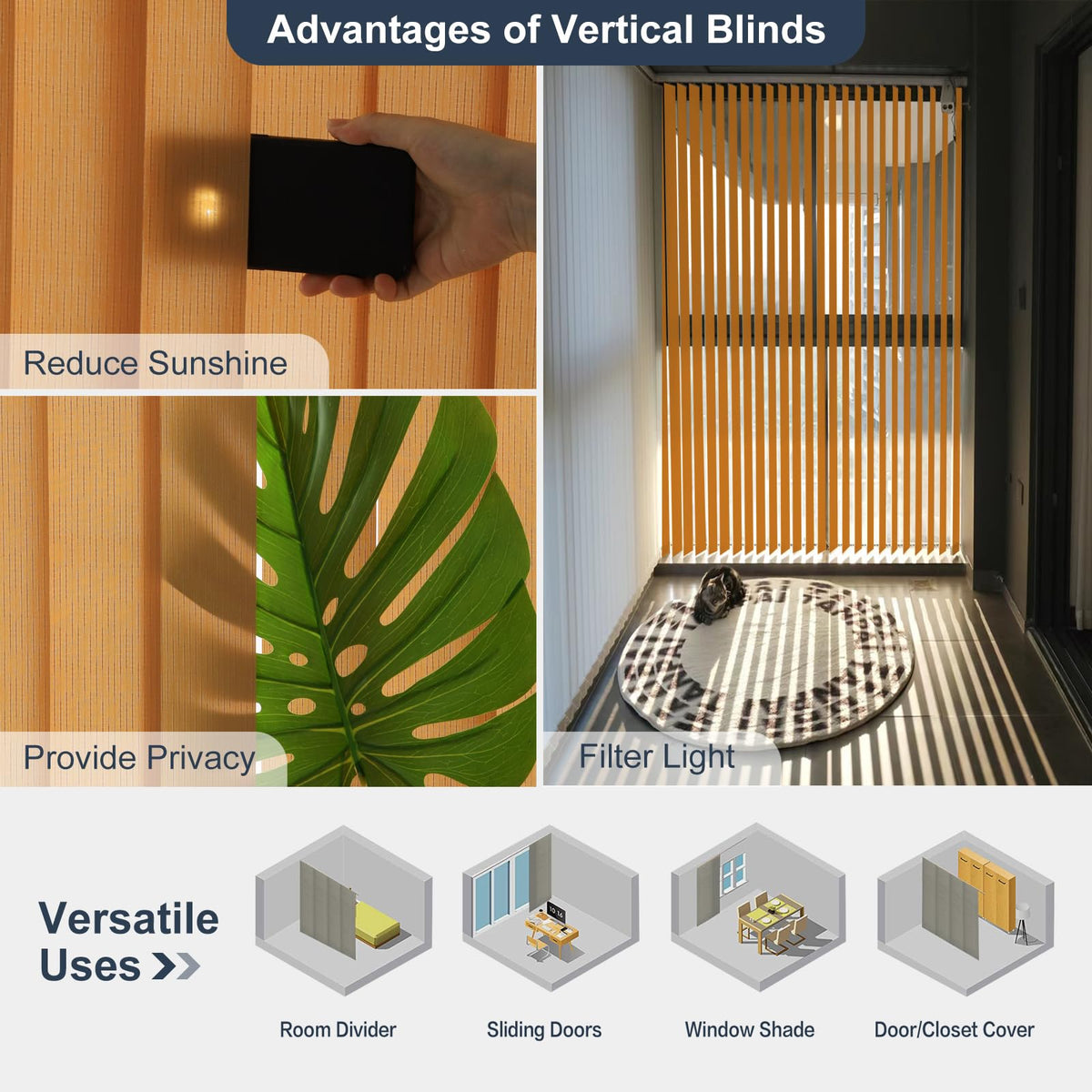 Cordless Fabric Vertical Window Blinds, Sliding Door Blinds & Shades, Privacy Window Shades, Vertical Blinds for Doors, Sliding Blinds, Khaki