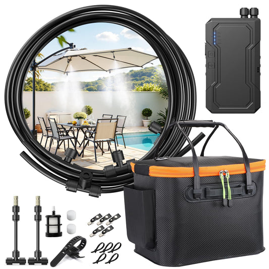 Ausic Portable Misting Systems, Outdoor Water Cooling Misters Set with 6000mAh Water Pump, 20L Bucket, 26FT (8M) Hose, 10*Clips/Ties for Sports/Patio/Umbrella/Pasture/Greenhouse/Canopy/Camping
