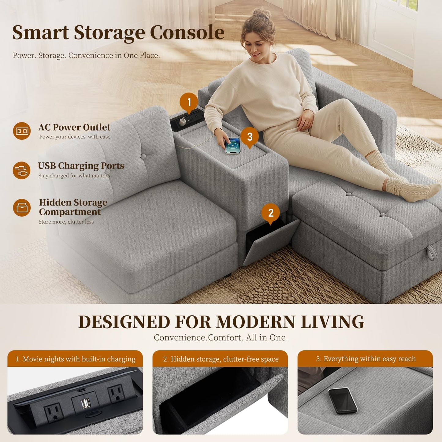 Furnimart 140" Oversized Modular Sectional Sofa with Power Outlets & USB Ports, Storage Console & Ottoman, Deep Seat Chenille Sectional Couch for Living Room, Wood Frame, Grey