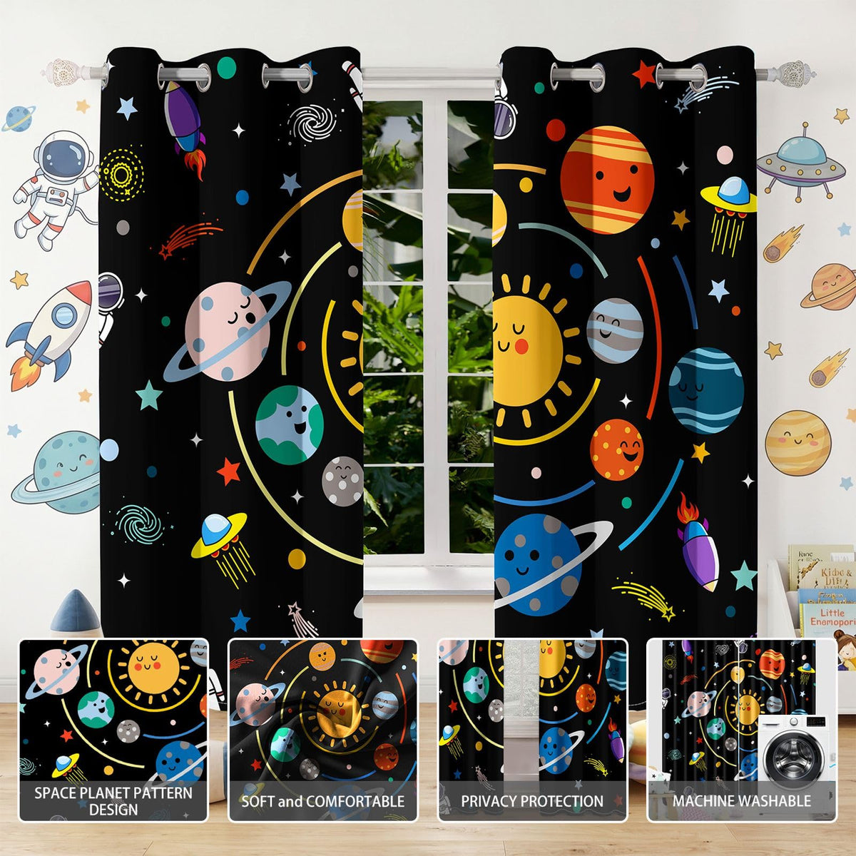 ANGELWARDROBE Space Curtains, 90% Solar System Orbit Space Blackout Curtain Astronaut Rocket Planet Window Drapes Universe Orbit for Boys Teens Bedroom Playroom, 2 Panels Set, 42" W x 63" L