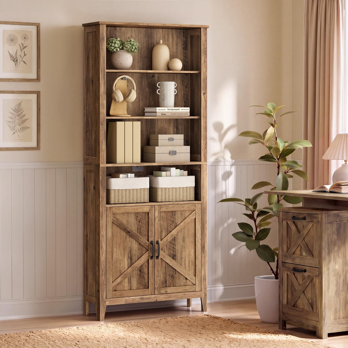 VASAGLE Farmhouse Bookshelf, 6-Tier Bookcase with Doors