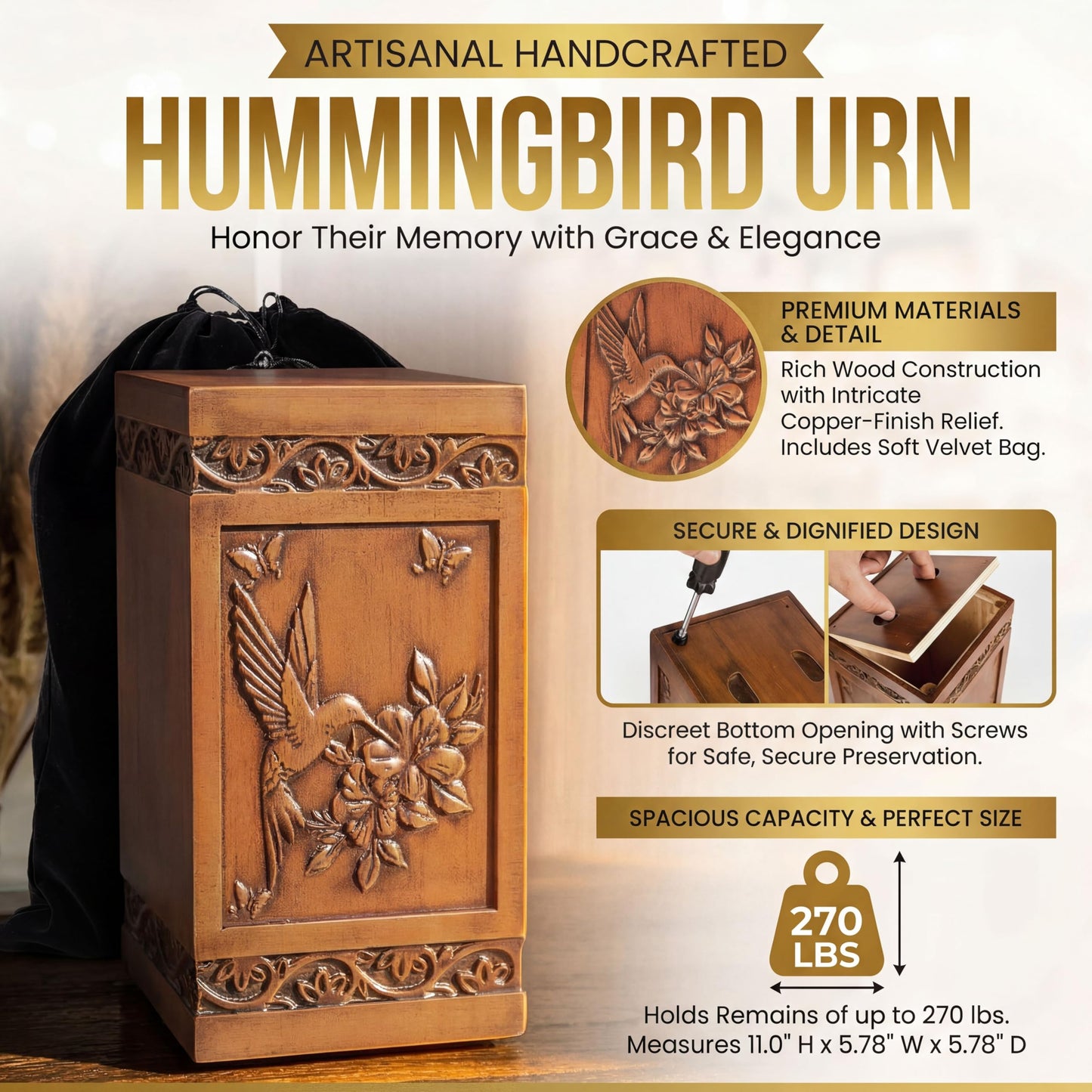 Large Wooden Cremation Urn for Human Ashes Adult – Handcrafted Hummingbird & Floral Engraving – Funeral Urn for Mother, Father, Men & Women – Display at Home or Niche at Columbarium – 270 Cubic Inches
