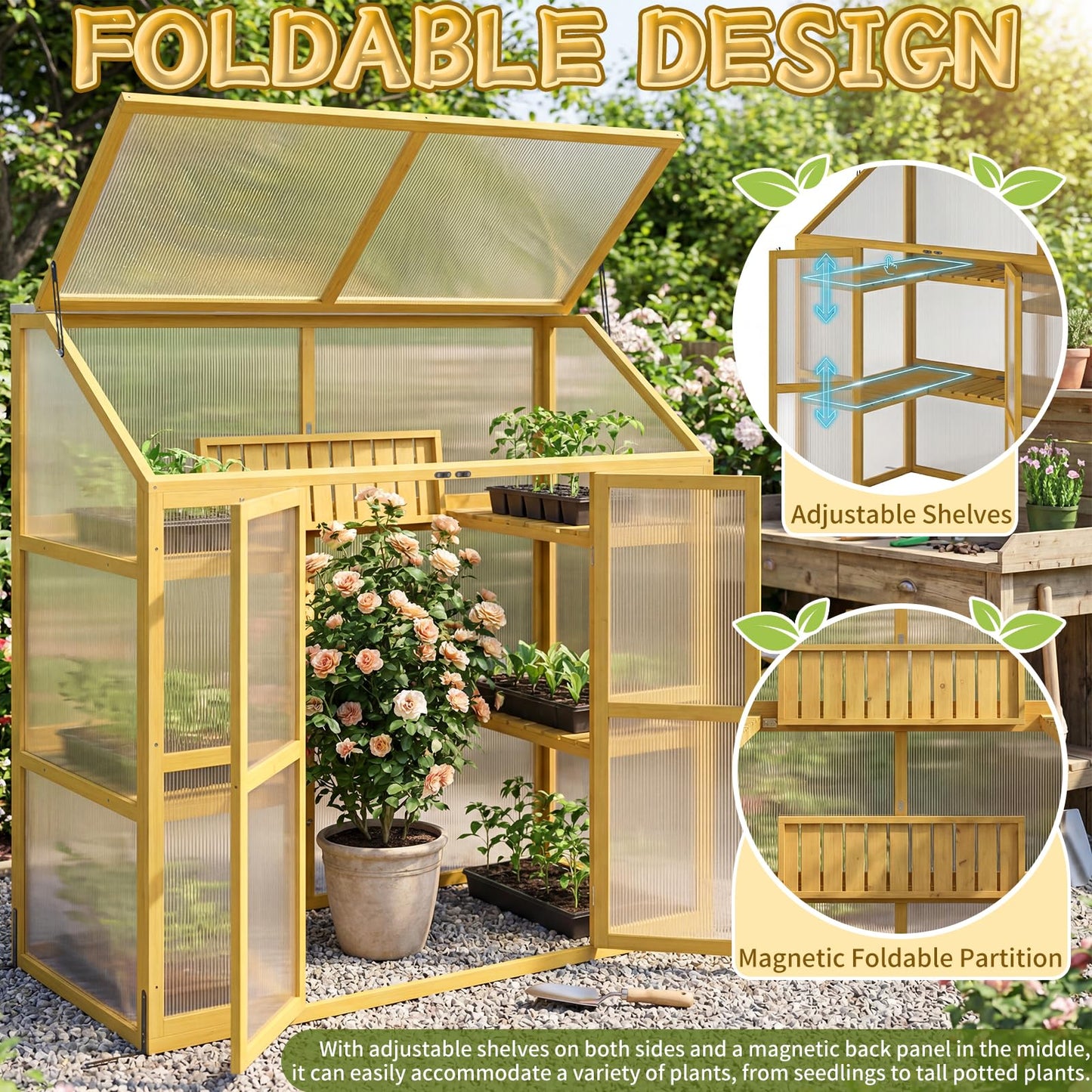 BKSFOAA Wooden Cold Frame Greenhouse with Transparent Flip-Top Roof, Solid Wood Greenhouse Cabinet, Garden Raised Flower Plants Shelf Protection for Outdoor Indoor, Natural