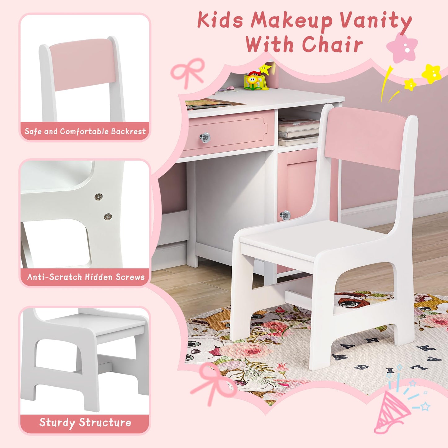 Vavkorkula Kids Vanity Set, Toddler Dresser Small Vanity Desk with Mirror and Lights for 3-8 Years Old, Wooden Dressing Table Kids Makeup Vanity Organizer Sets for Girls, Pink