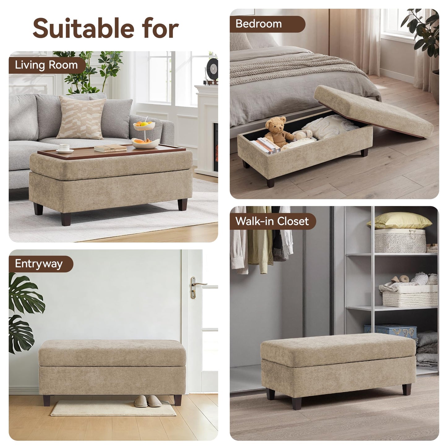 45 Inch Large Storage Ottoman Bench with Wooden Tray Coffee Table, Khaki Chenille Upholstered Foot Rest, Multifunctional Foot Stool Ottoman for Living Room, Bedroom & Entryway, Solid Wood Legs
