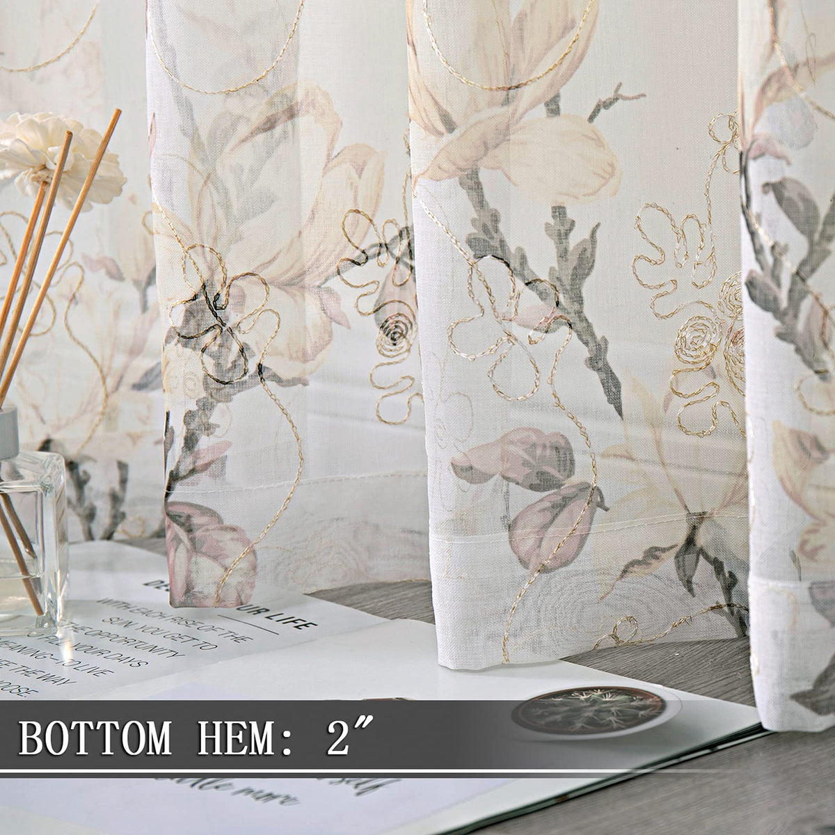 Tollpiz Floral Short White Sheer Tier Curtains Flower Print Vine Embroidery Kitchen Half Curtain Rod Pocket Café Voile Window Curtains for Bathroom, 30 x 24 inches Long, Set of 2 Panels