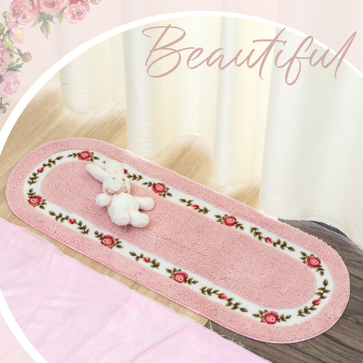 Drydiet 3 Pcs Floral Bathroom Rugs Set, Pink Non Slip Bath Mats, Pink