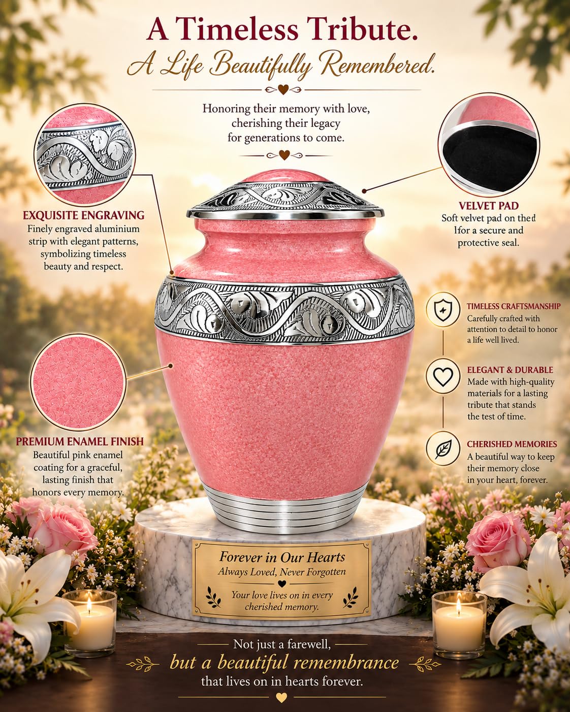 Bold & Divine Cremation Urn for Human Ashes, Adult Memorial Urn for Women & Men, Pink Urn with Silver Engraved Design, Decorative Funeral Urn for Ashes, 9.5 x 7 Inches