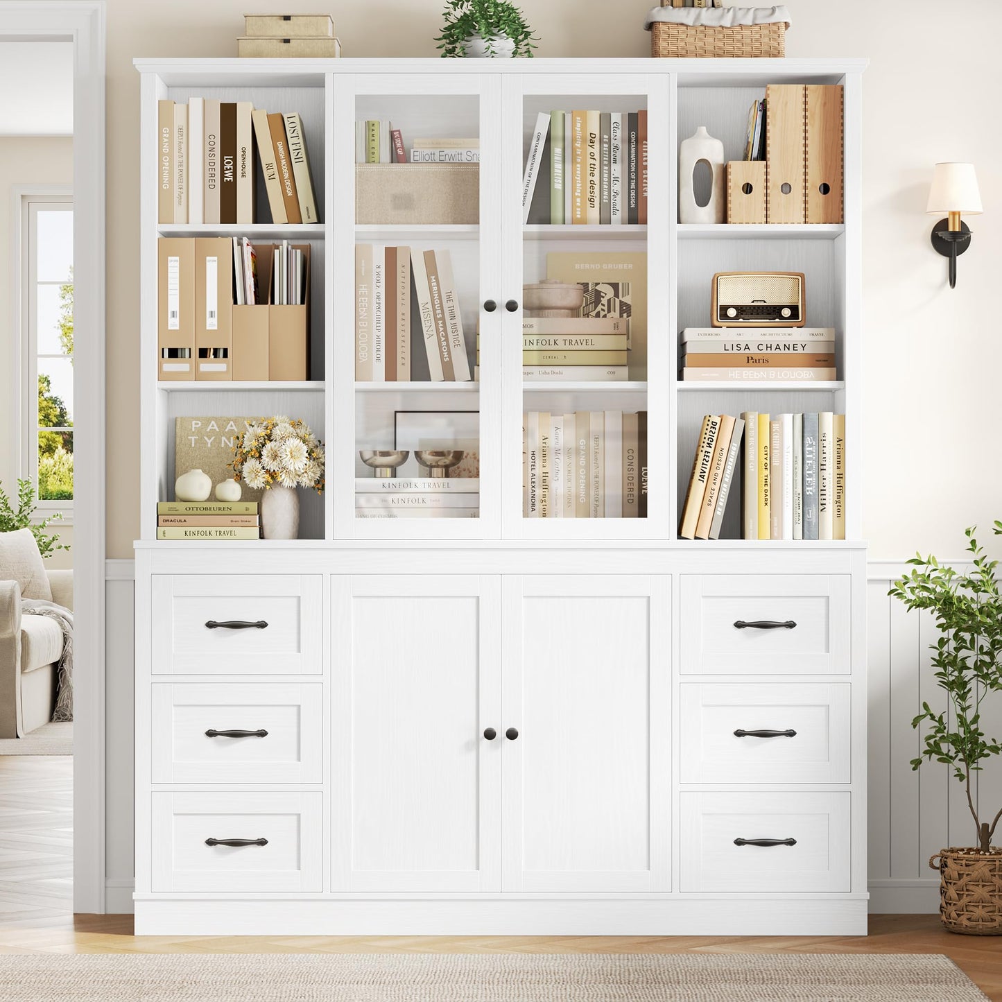 HIFIT 74.4''Hx63''W Large Pantry Cabinet for Food Storage, Kitchen Hutch Cabinet with Storage, Glass Doors Tall Wine Bar Cabinet, Large Bookcase with Drawers, White